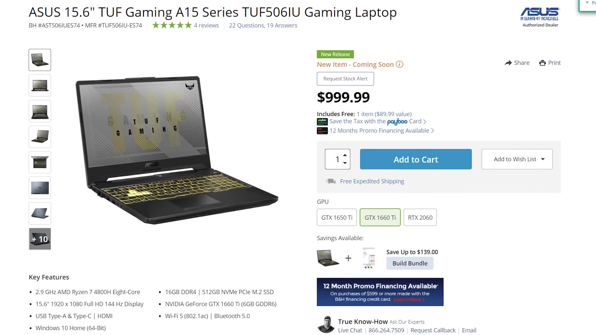 The B&H product page for the Asus TUF Gaming A15 TUF506IU at $999.99, listing a Ryzen 7 4800H, 16GB DDR4, a 512GB SSD and a GTX 1660 Ti.