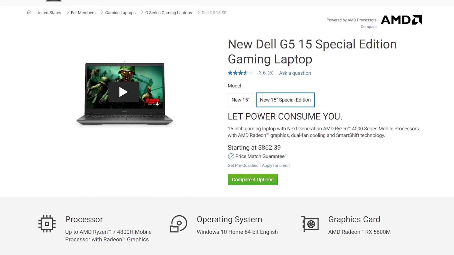 Dell's product page for the New Dell G5 15 Special Edition gaming laptop, starting at $862.39, listing a Ryzen 7 4800H and Radeon RX 5600M.