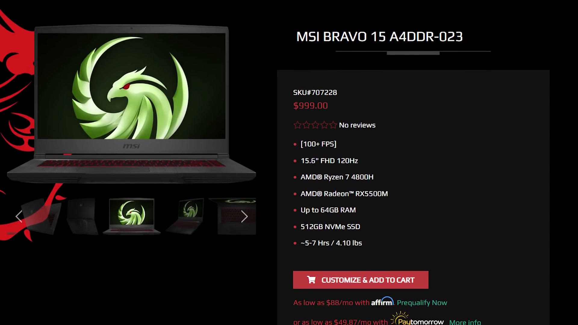 A retailer product page for the MSI Bravo 15 A4DDR-023 at $999.00, listing a 15.6 inch 120Hz display, Ryzen 7 4800H, Radeon RX5500M and a 512GB NVMe SSD.