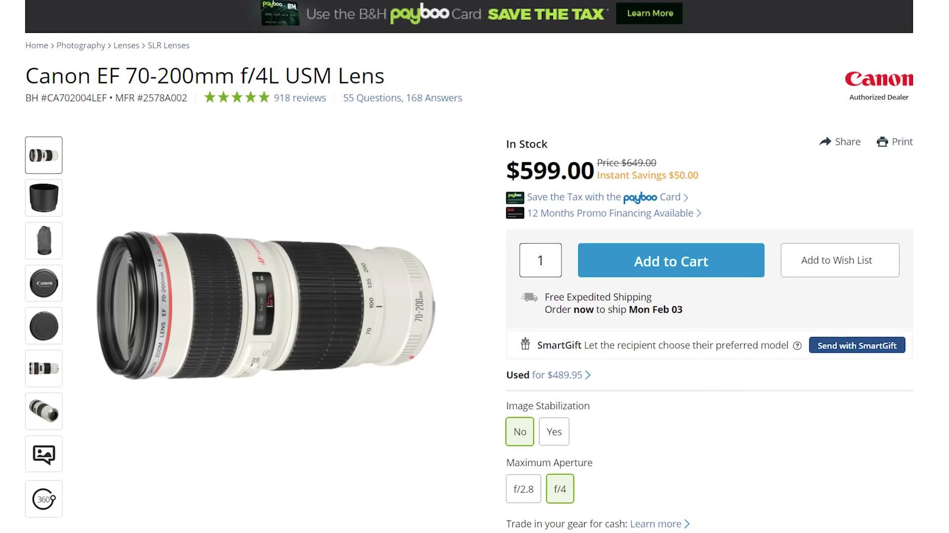 B&H product page for the Canon EF 70-200mm f/4L USM lens, on sale for $599
