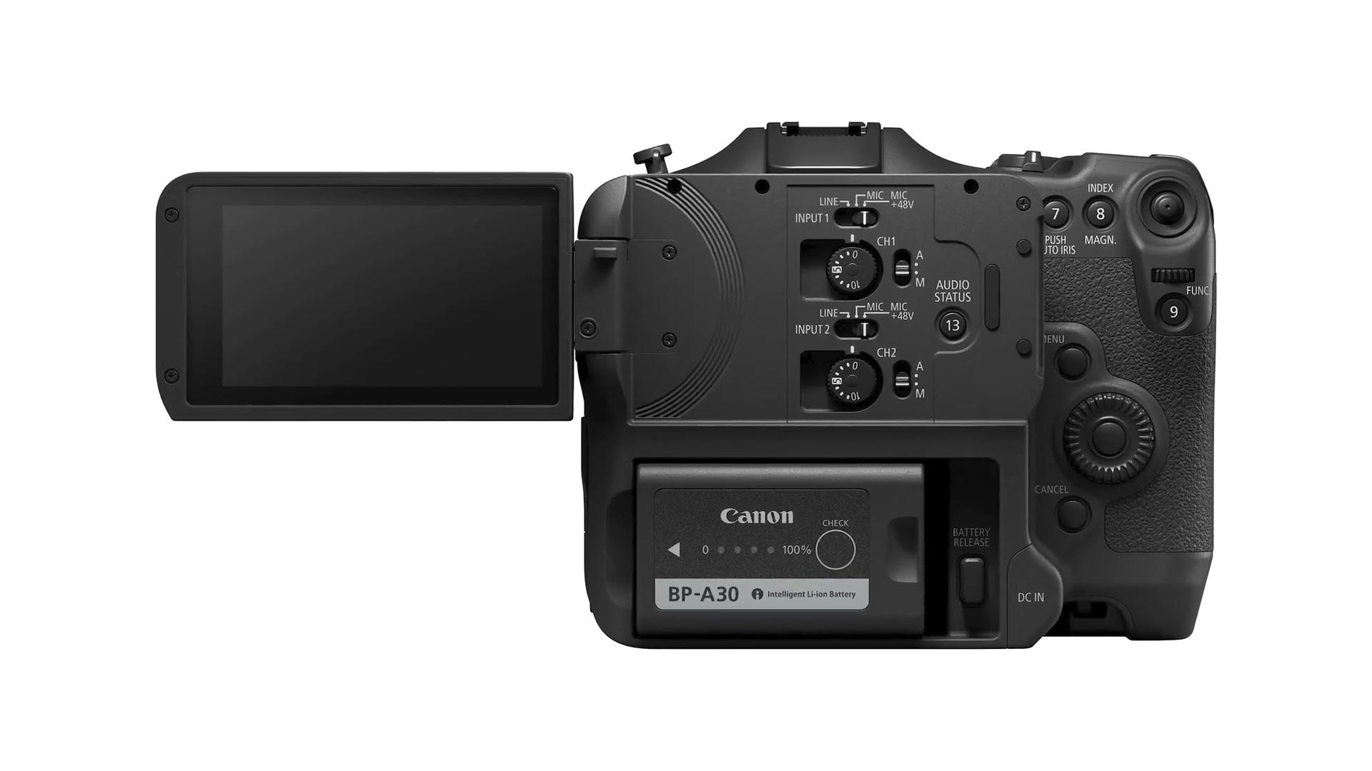 The back of the Canon C70 with its flip-out screen open, showing the audio input controls and the BP-A30 battery.