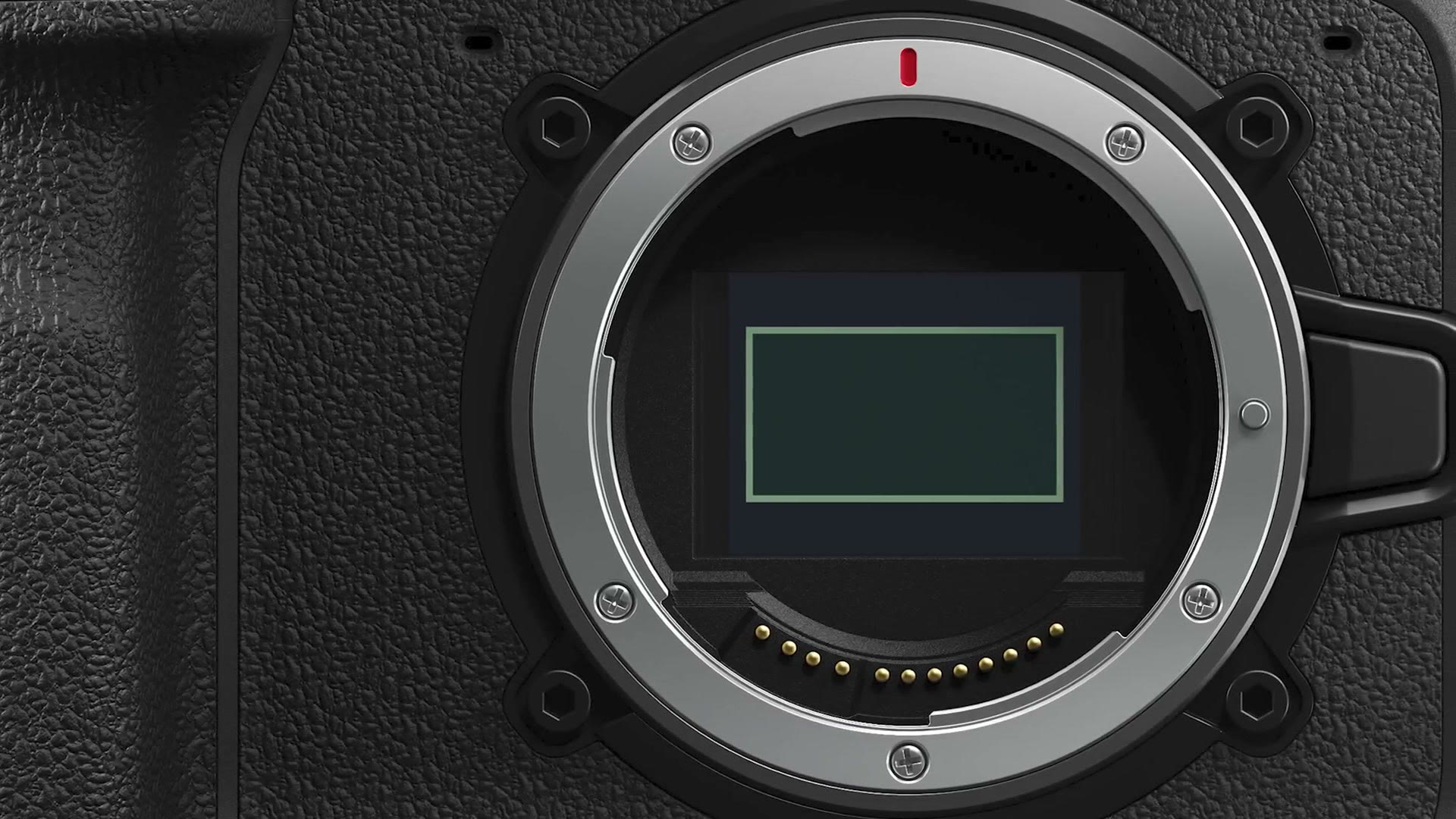 Close-up of the Canon C70's RF lens mount with the Super 35 sensor visible behind it.