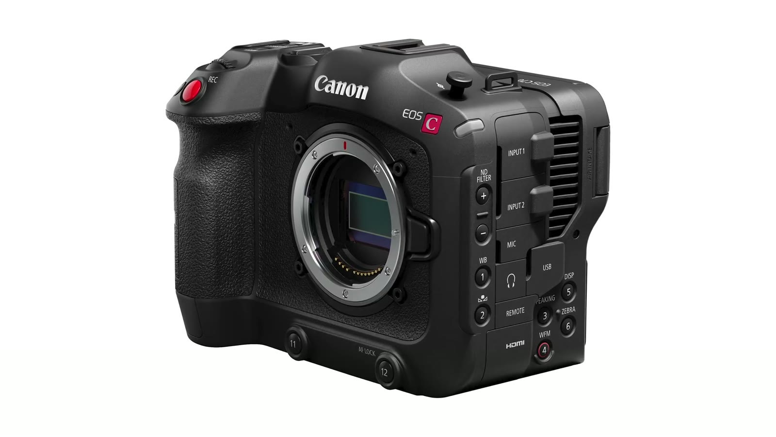 The Canon EOS C70 body seen from the front three quarter angle with no lens attached, showing the Super 35 sensor and side control panel