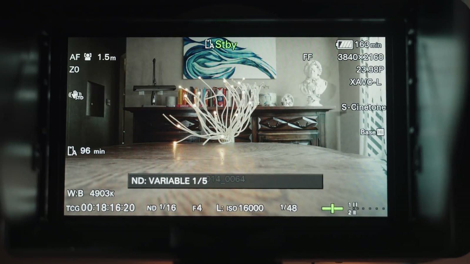 A Sony FX6 screen in standby showing 3840 by 2160, 23.98P, XAVC-L, S-Cinetone, and an ND variable readout of 1 over 5