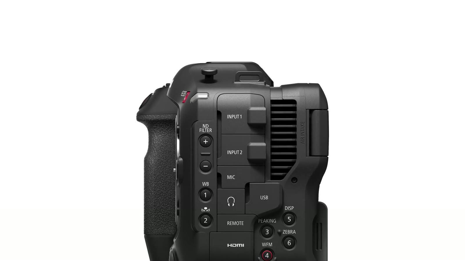 The Canon C70 photographed from the side showing the ND filter buttons, two mini XLR inputs, a mic jack, headphone out, USB and HDMI