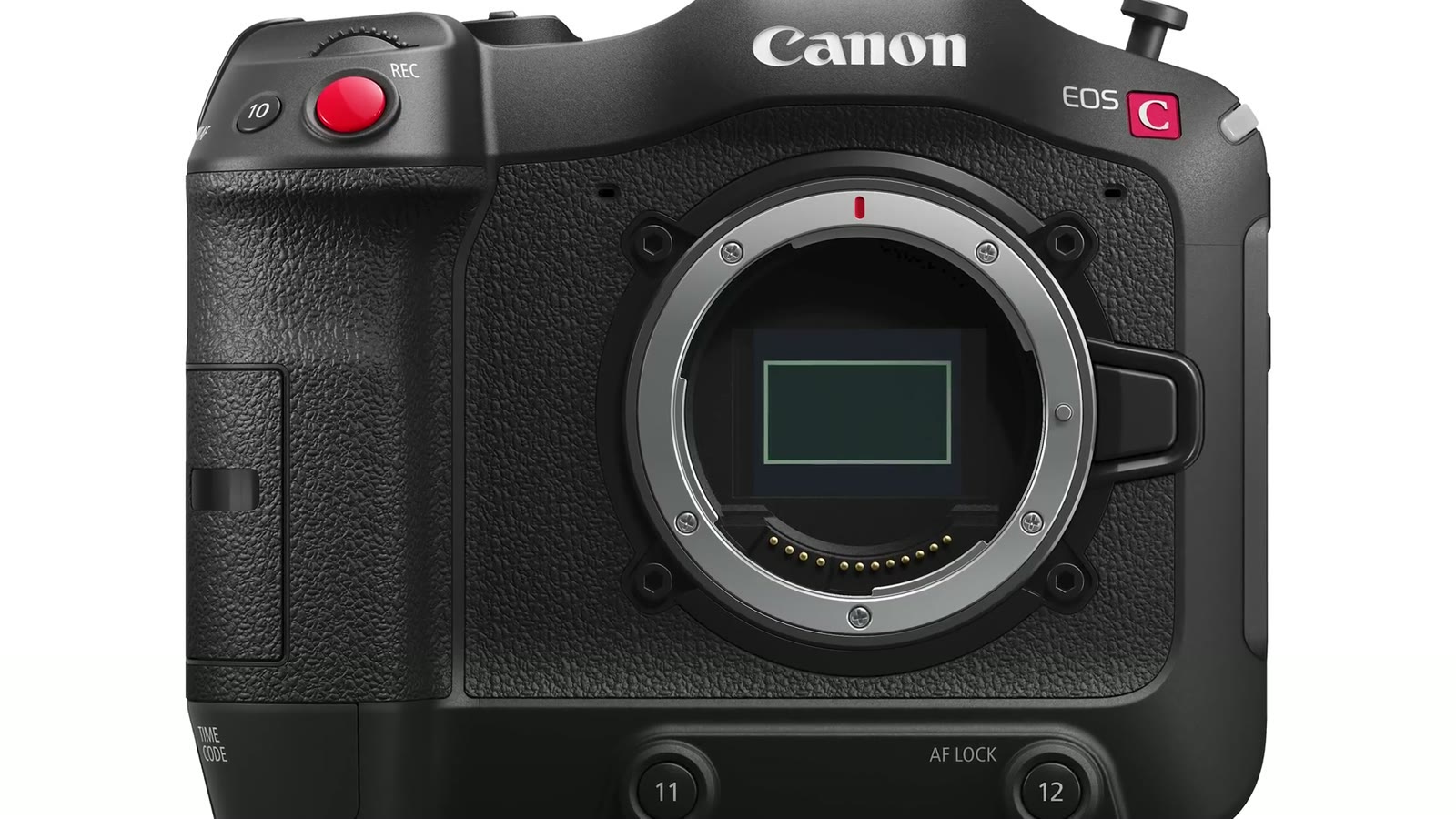 The Canon C70 seen from the front with the lens removed, showing the Super 35 sensor and the RF mount