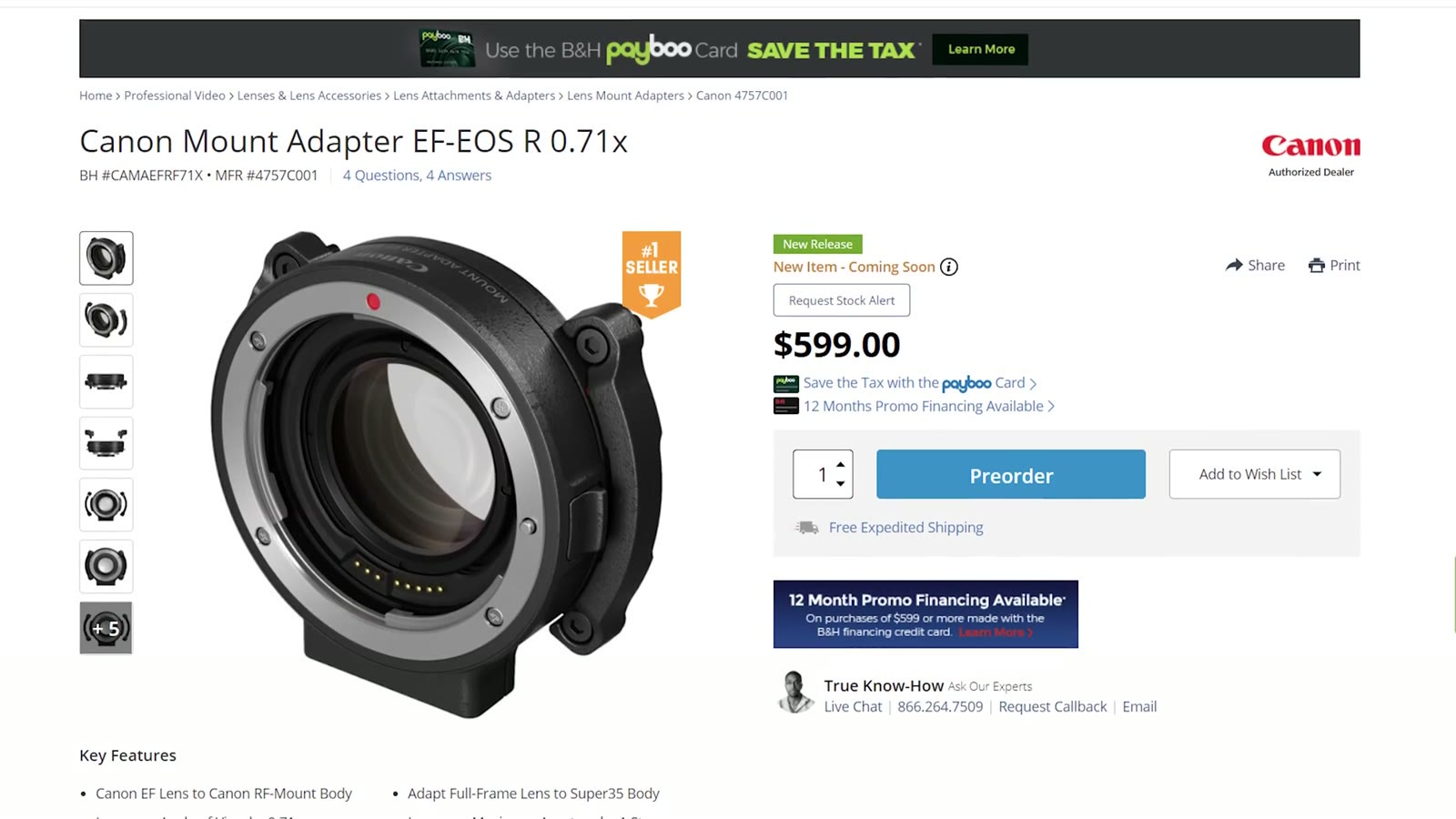 A B and H product page for the Canon Mount Adapter EF-EOS R 0.71x showing a price of 599 dollars and a preorder button