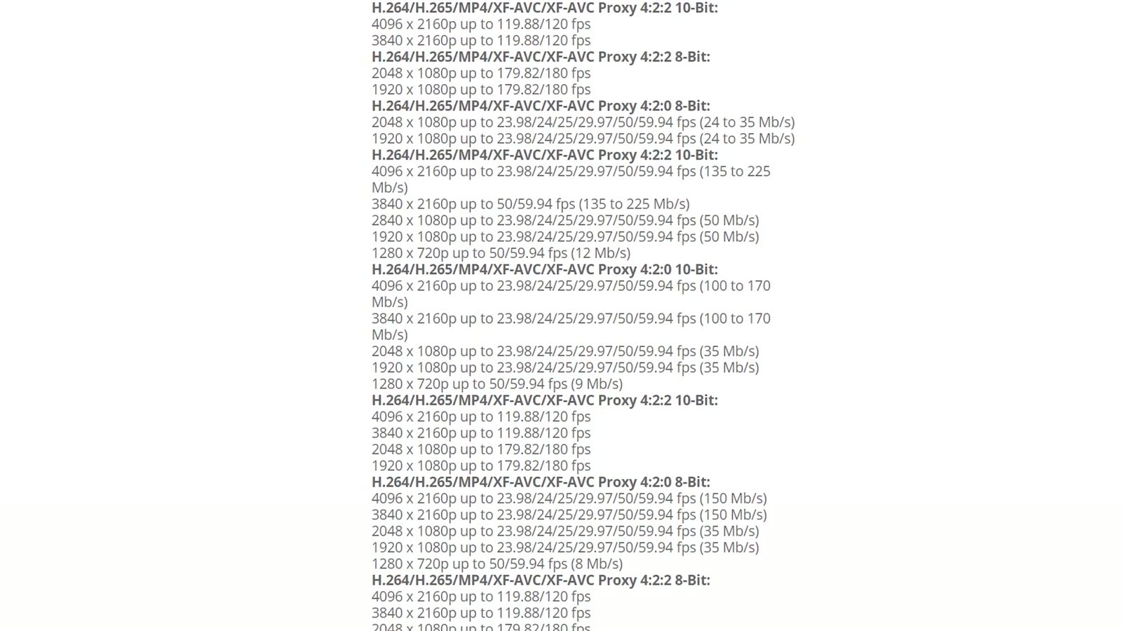 A long list of the Canon C70's recording formats and frame rates, covering 4096 by 2160 and 3840 by 2160 up to 119.88 fps