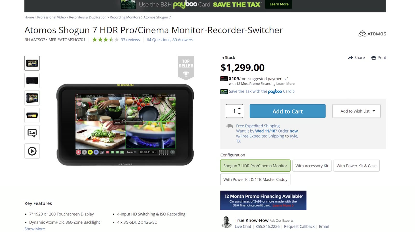 A B and H product page for the Atomos Shogun 7 HDR Pro monitor recorder showing a price of 1,299 dollars