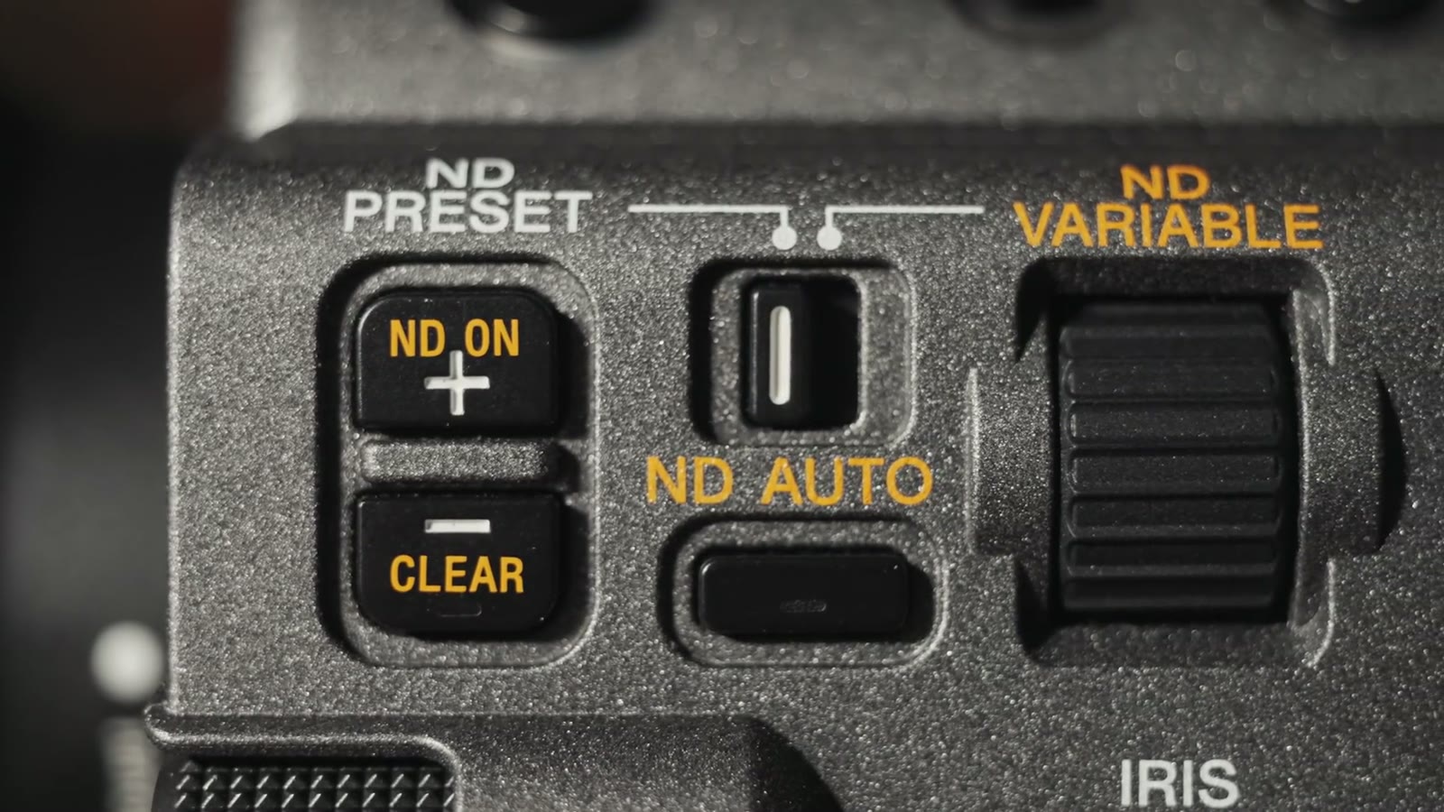 A close up of the Canon C70's ND controls, showing ND preset, ND on, clear, ND auto and a variable ND dial