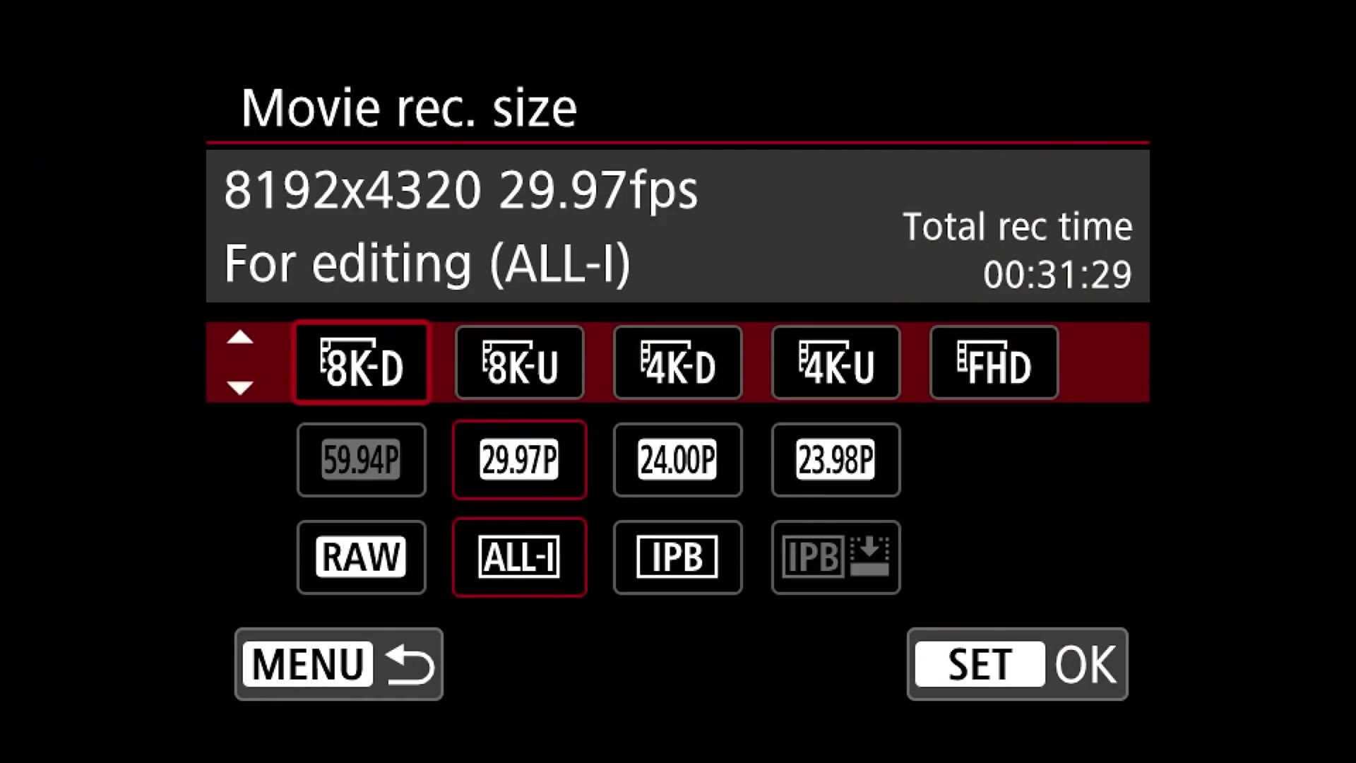 The Canon R5's Movie rec. size menu showing 8192x4320 at 29.97fps in ALL-I, with selectable options for 8K-D, 8K-U, 4K-D, 4K-U and FHD, frame rates from 23.98P to 59.94P, and RAW, ALL-I and IPB.
