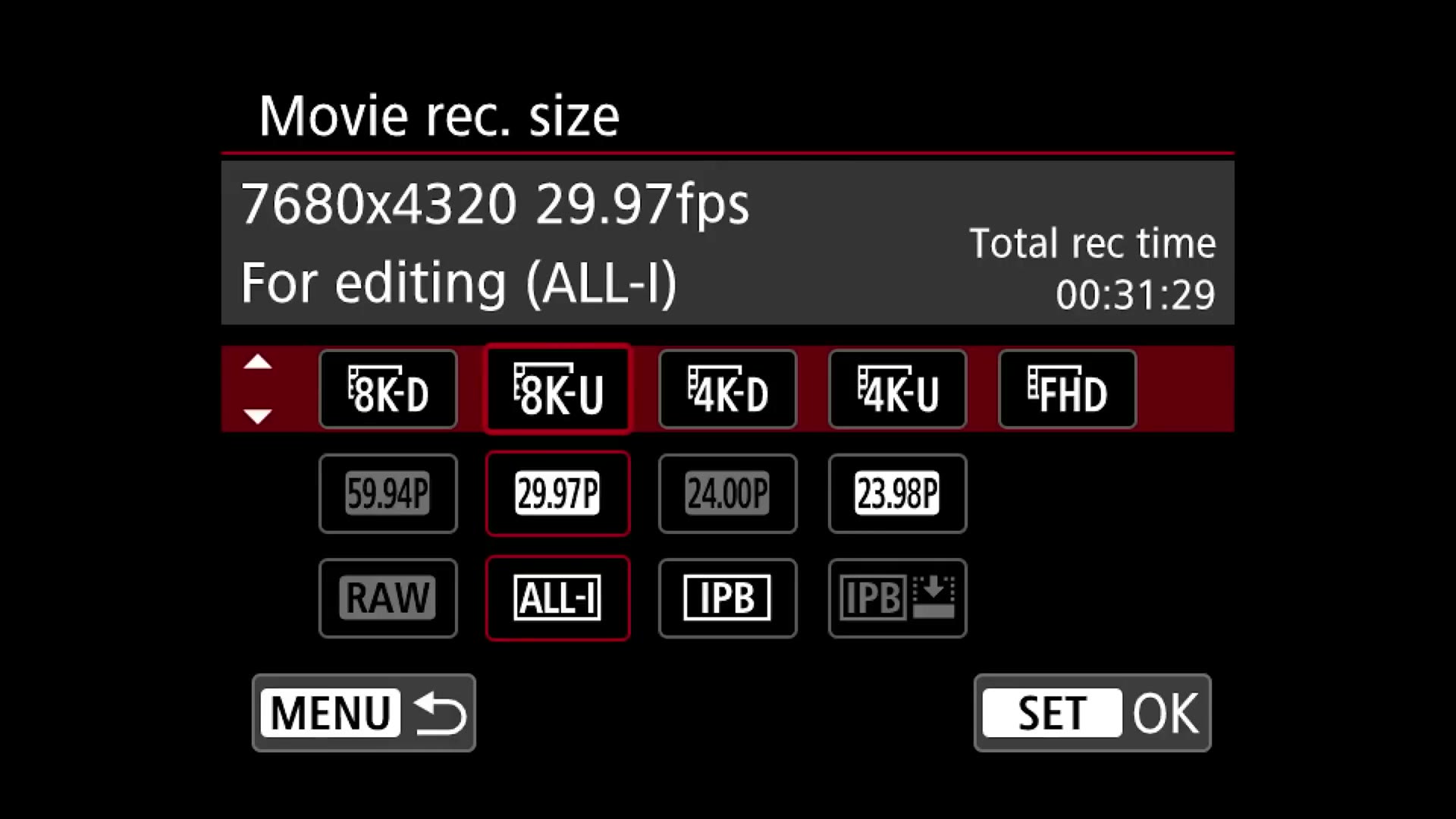 The same Canon R5 menu with 8K-U selected, showing 7680x4320.