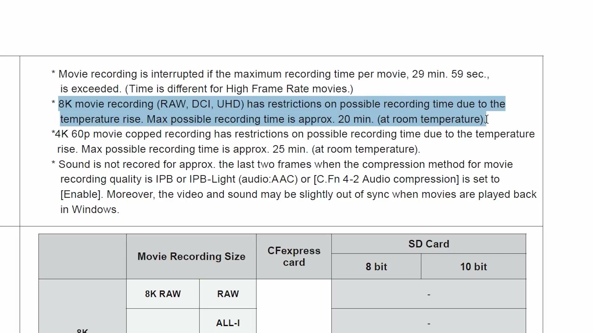 Canon's official specification document with a highlighted line stating that 8K movie recording has restrictions on recording time due to temperature rise, with a maximum of approximately 20 minutes at room temperature.