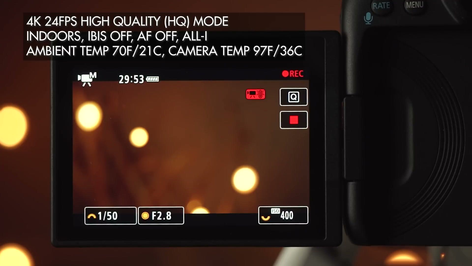 The Canon R5 screen at 29 minutes 53 seconds of recording with a red overheating icon appearing, captioned 4K 24 HQ mode, indoors, IBIS off, AF off, ALL-I, ambient 70F, camera 97F