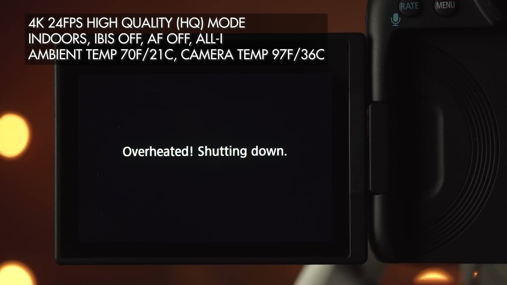 The Canon R5 screen reading Overheated! Shutting down., with the test conditions burned in above it