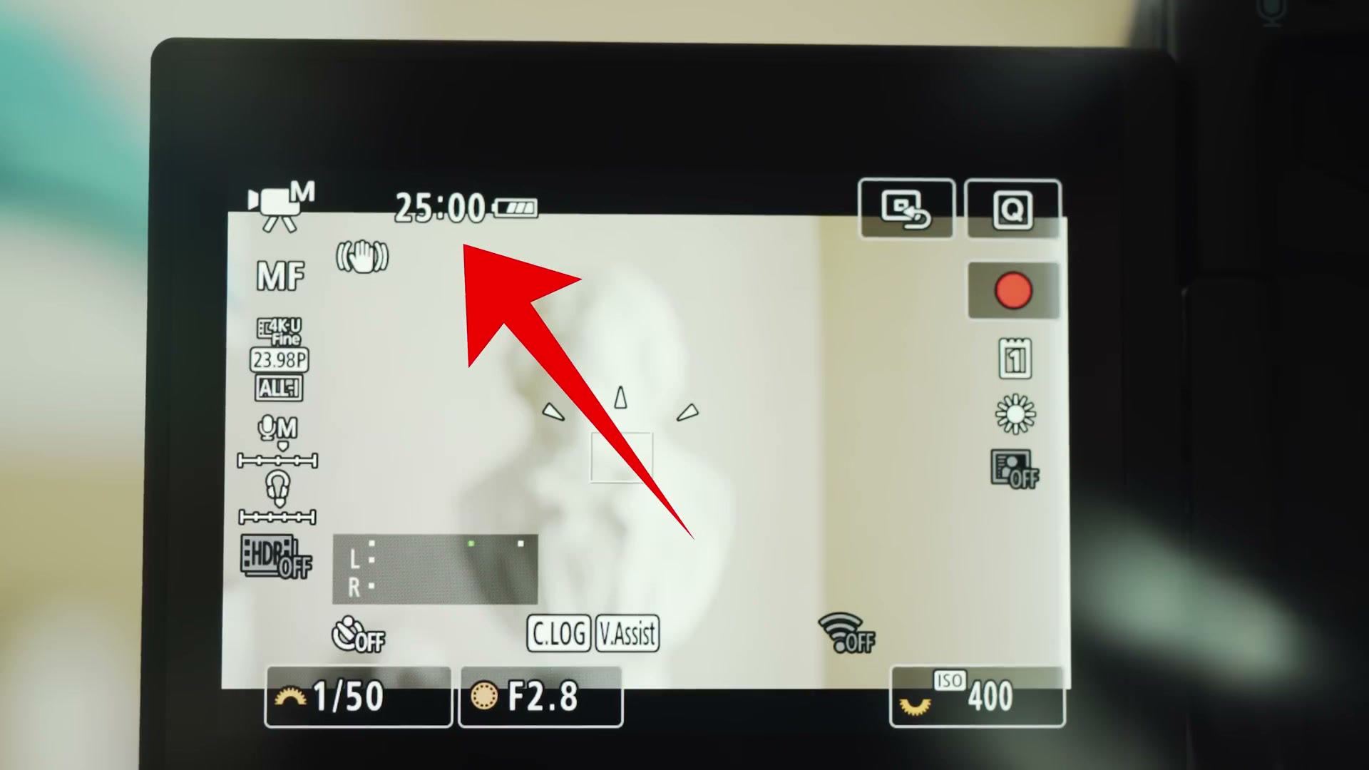 The Canon R5 screen with a red arrow pointing at a 25 minute countdown in the top left, in 4K 23.98p ALL-I