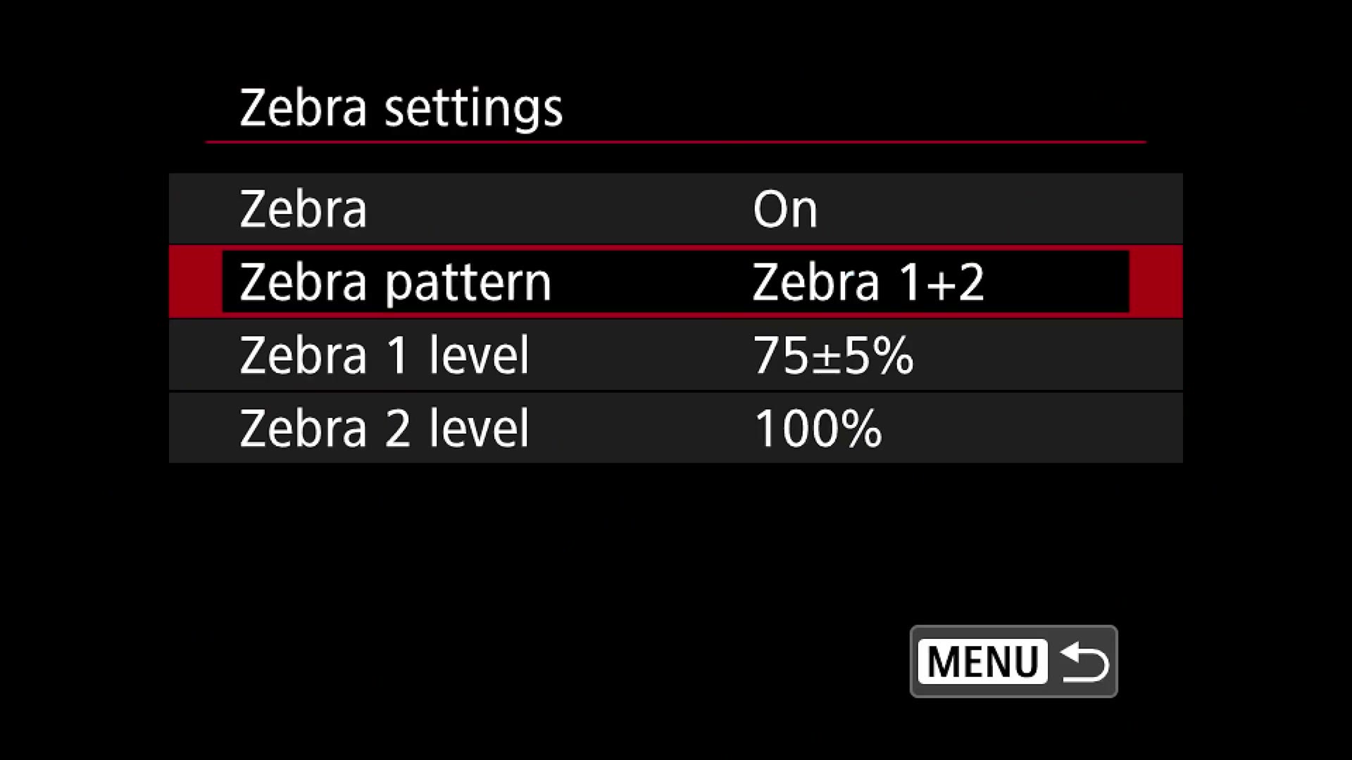 The Canon R5's Zebra settings menu showing Zebra On, Zebra pattern set to Zebra 1+2, Zebra 1 level at 75 percent and Zebra 2 level at 100 percent.
