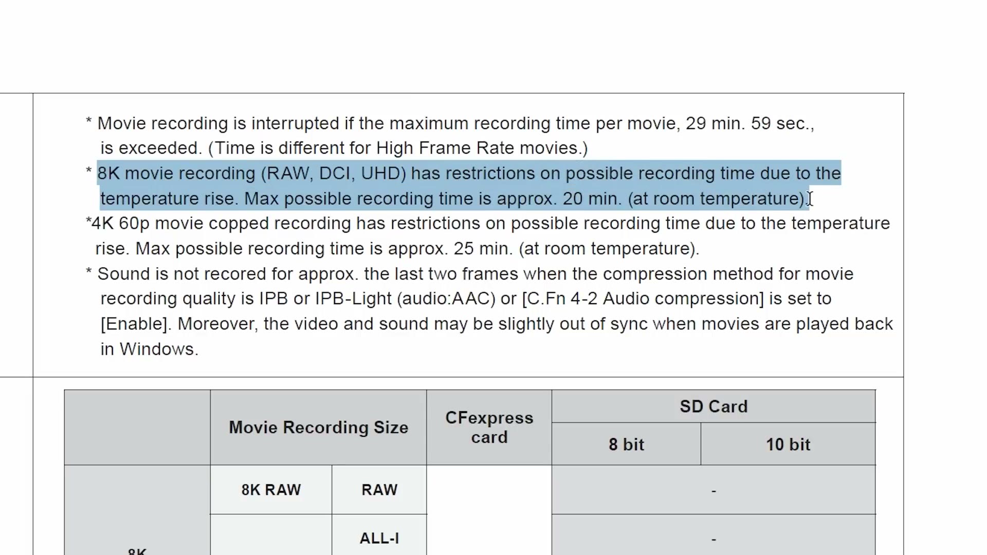 Canon's official specification document with a highlighted line reading that 8K movie recording has restrictions on possible recording time due to temperature rise, with a maximum of approximately 20 minutes at room temperature.