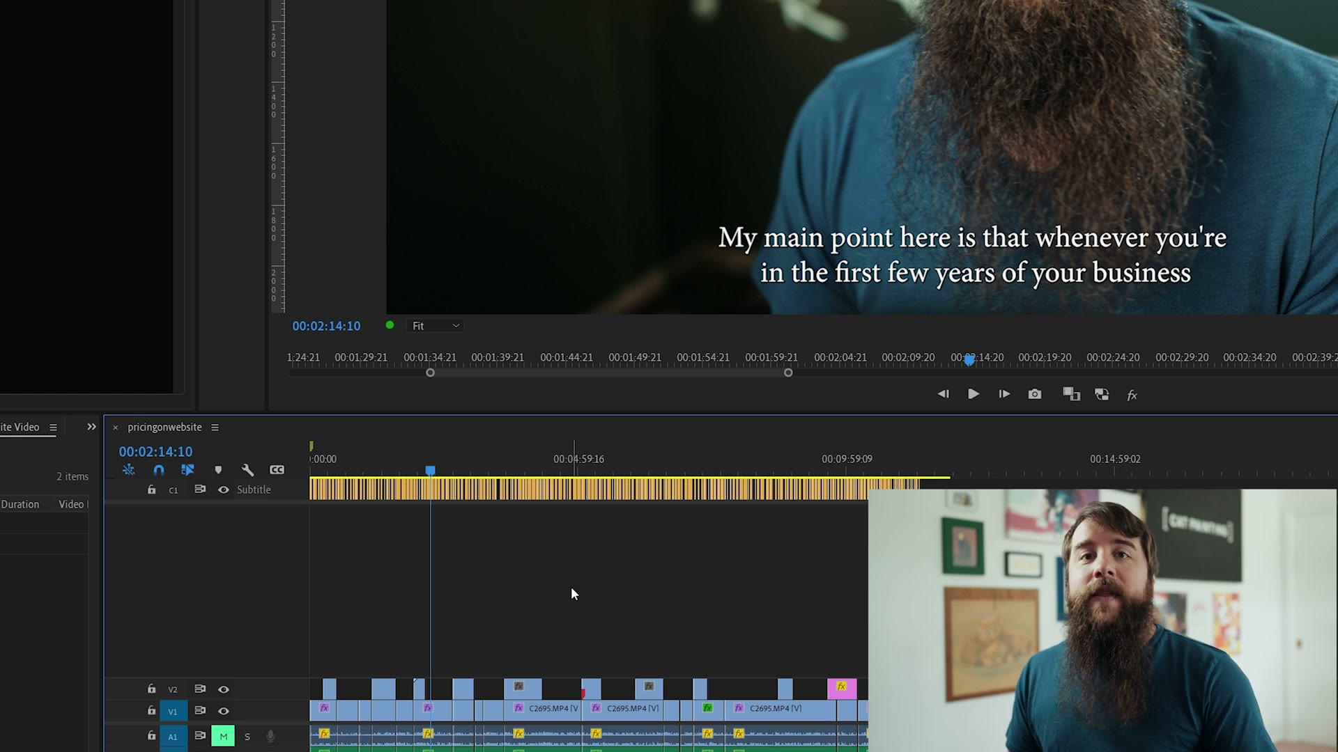 Captions on screen with the new subtitle track on the timeline