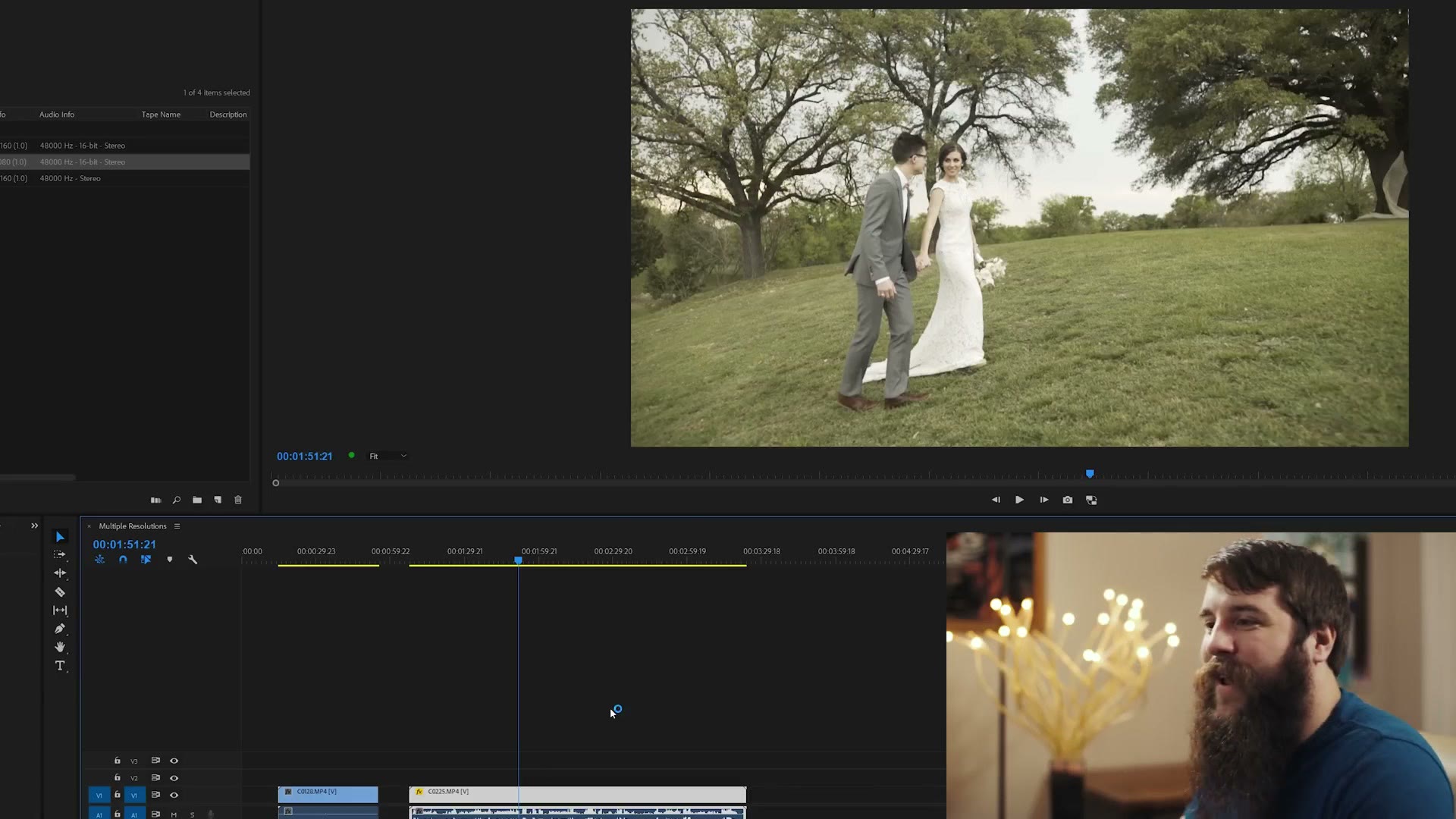 Program monitor showing the 1080p clip scaled to fill the 4K timeline frame, project bin listed on the left