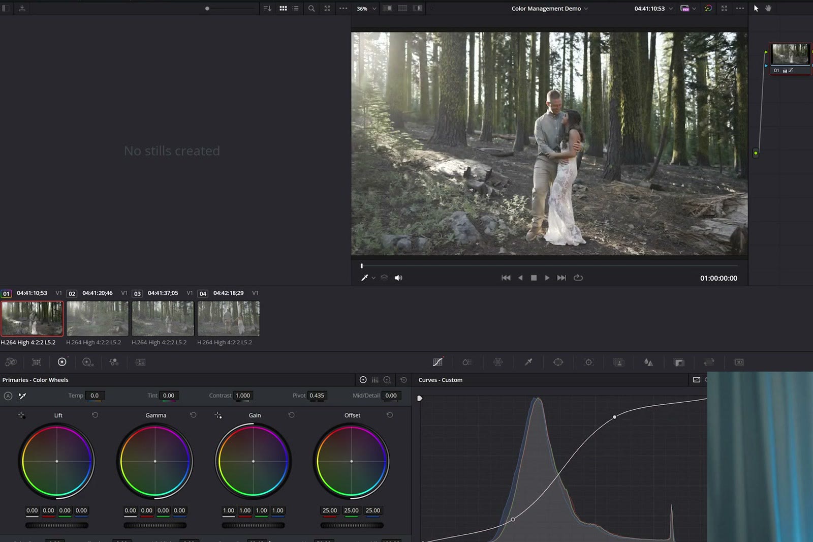 DaVinci Resolve color page showing a custom curve dragged for contrast on log footage