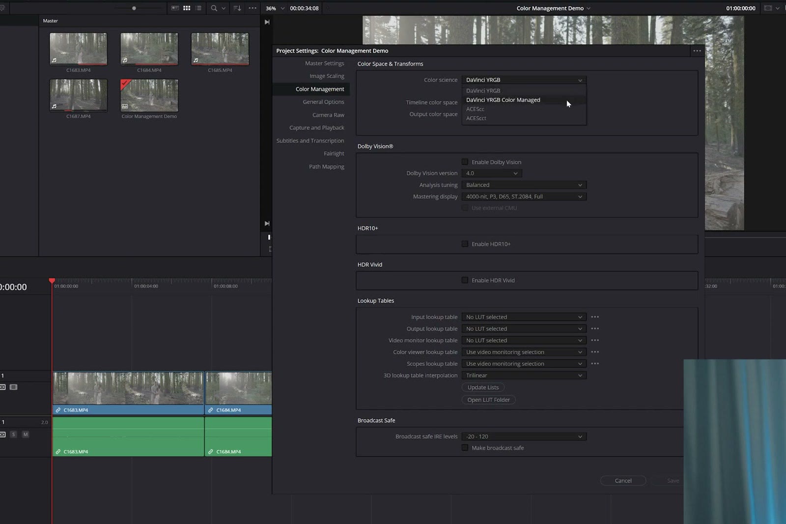 DaVinci Resolve Project Settings Color Management tab with the Color science dropdown open on DaVinci YRGB Color Managed