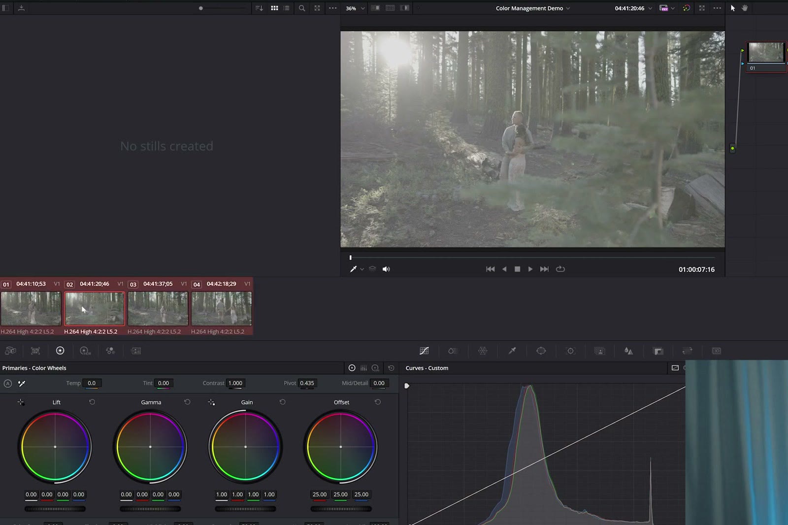Four clips selected at once in the DaVinci Resolve color page clip thumbnail strip