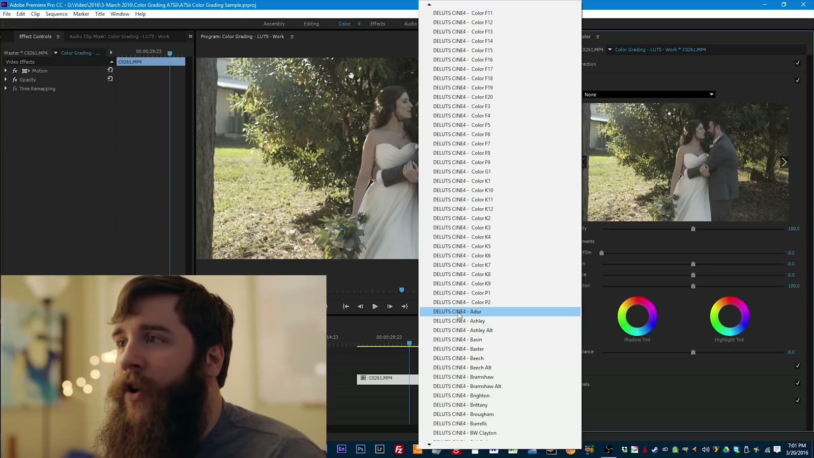 The Look dropdown in Lumetri Creative showing a long list of Cine4 LUTs