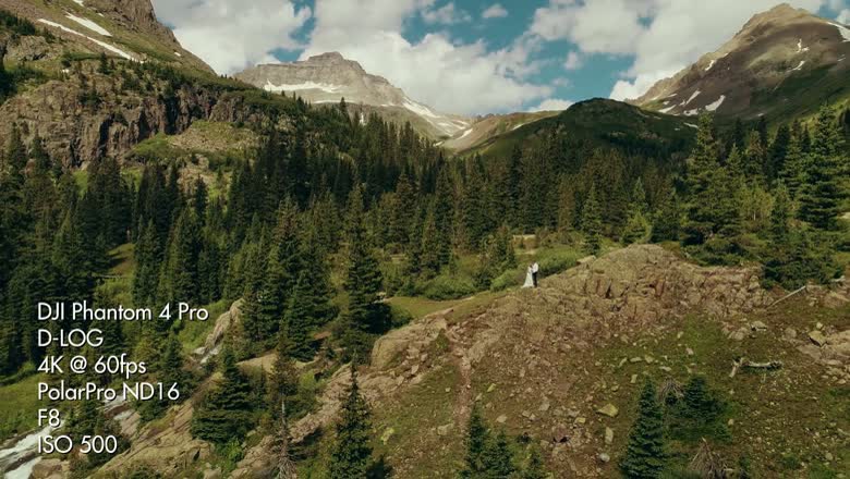 A drone shot down a green mountain valley with the couple tiny on a rock outcrop, overlaid with DJI Phantom 4 Pro, D-LOG, 4K at 60fps, PolarPro ND16, F8, ISO 500