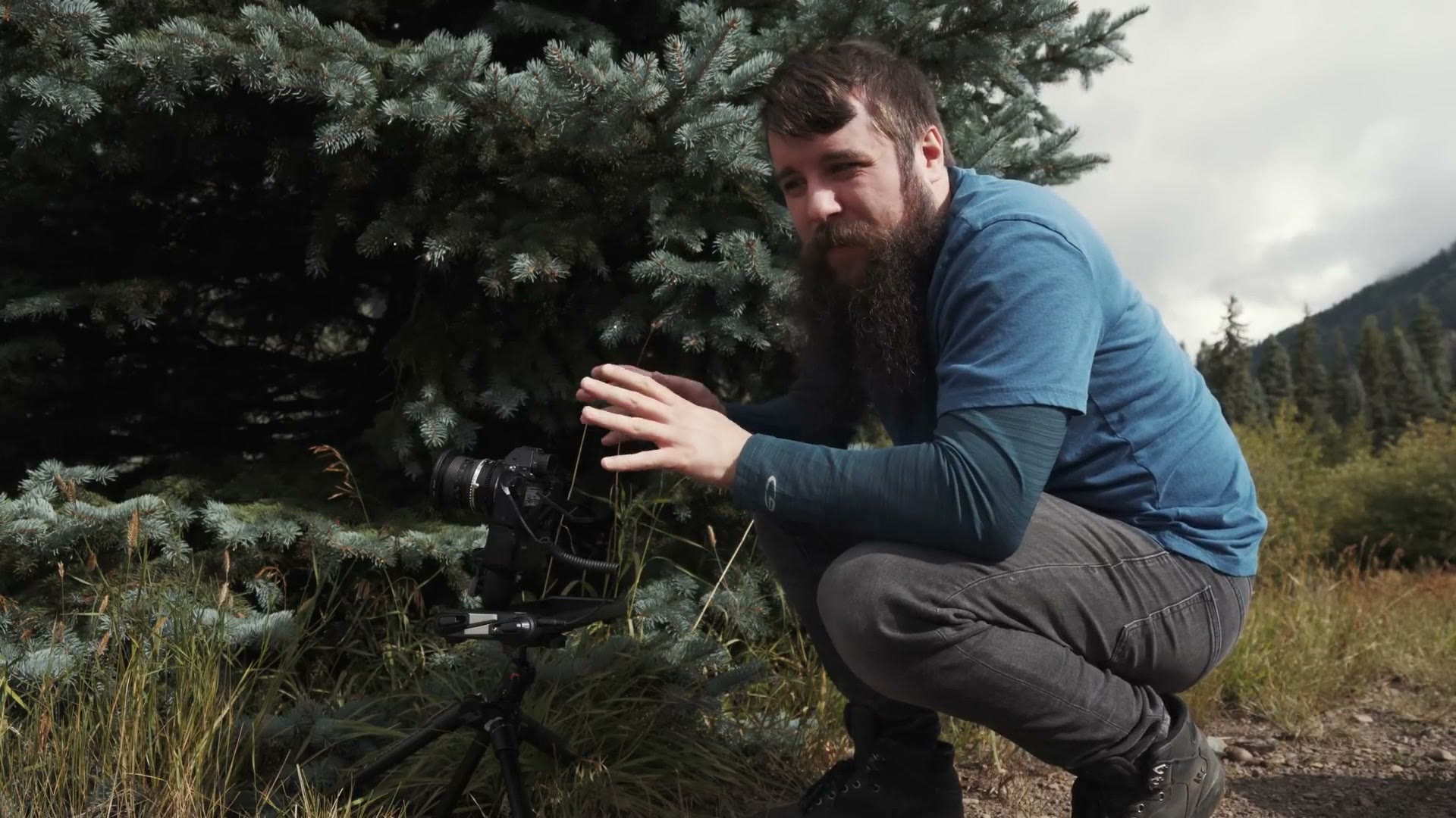 Matt crouched beside a spruce tree adjusting a camera on a motion timelapse slider