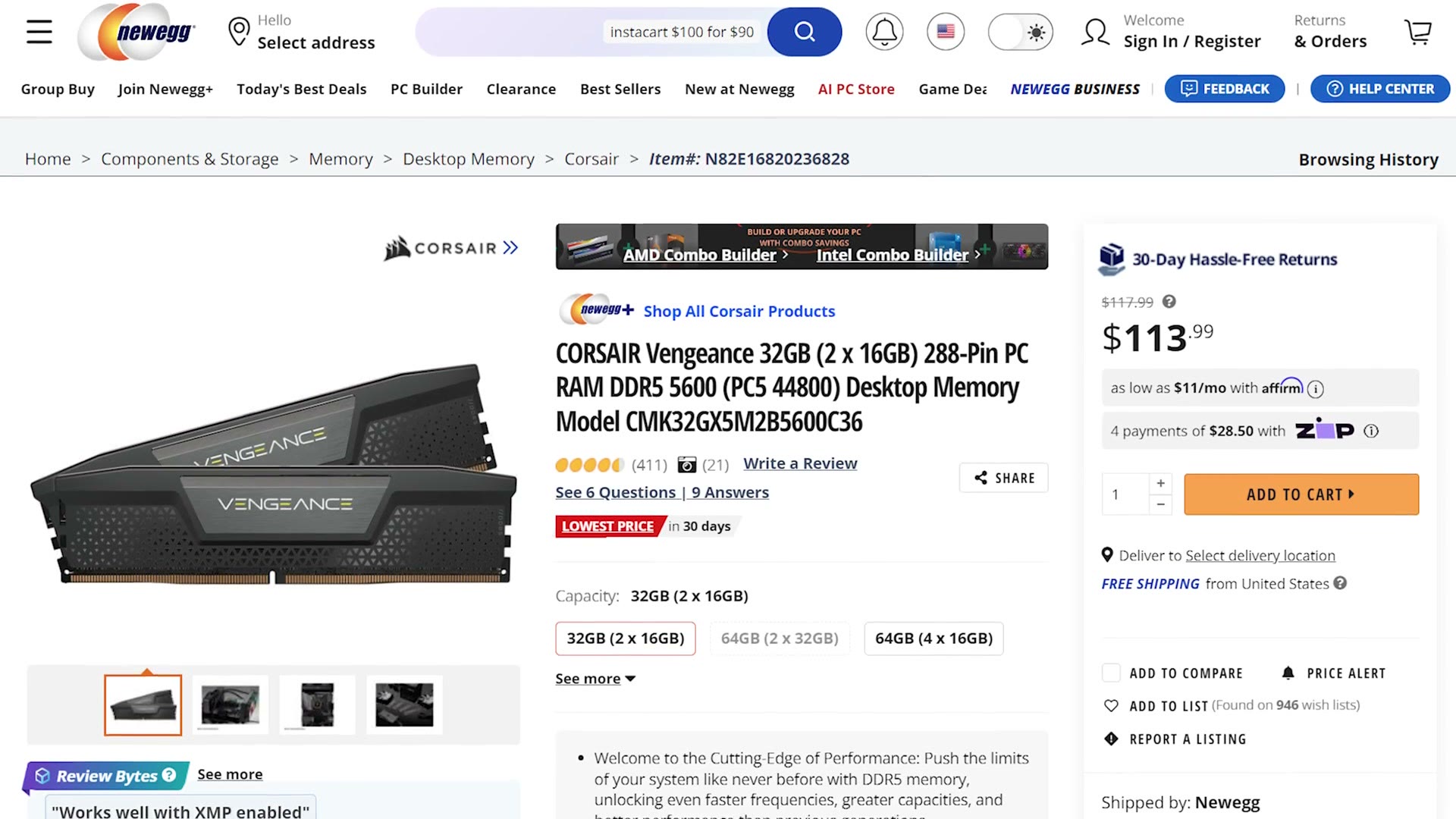 Corsair Vengeance 32GB DDR5 5600 memory kit listing