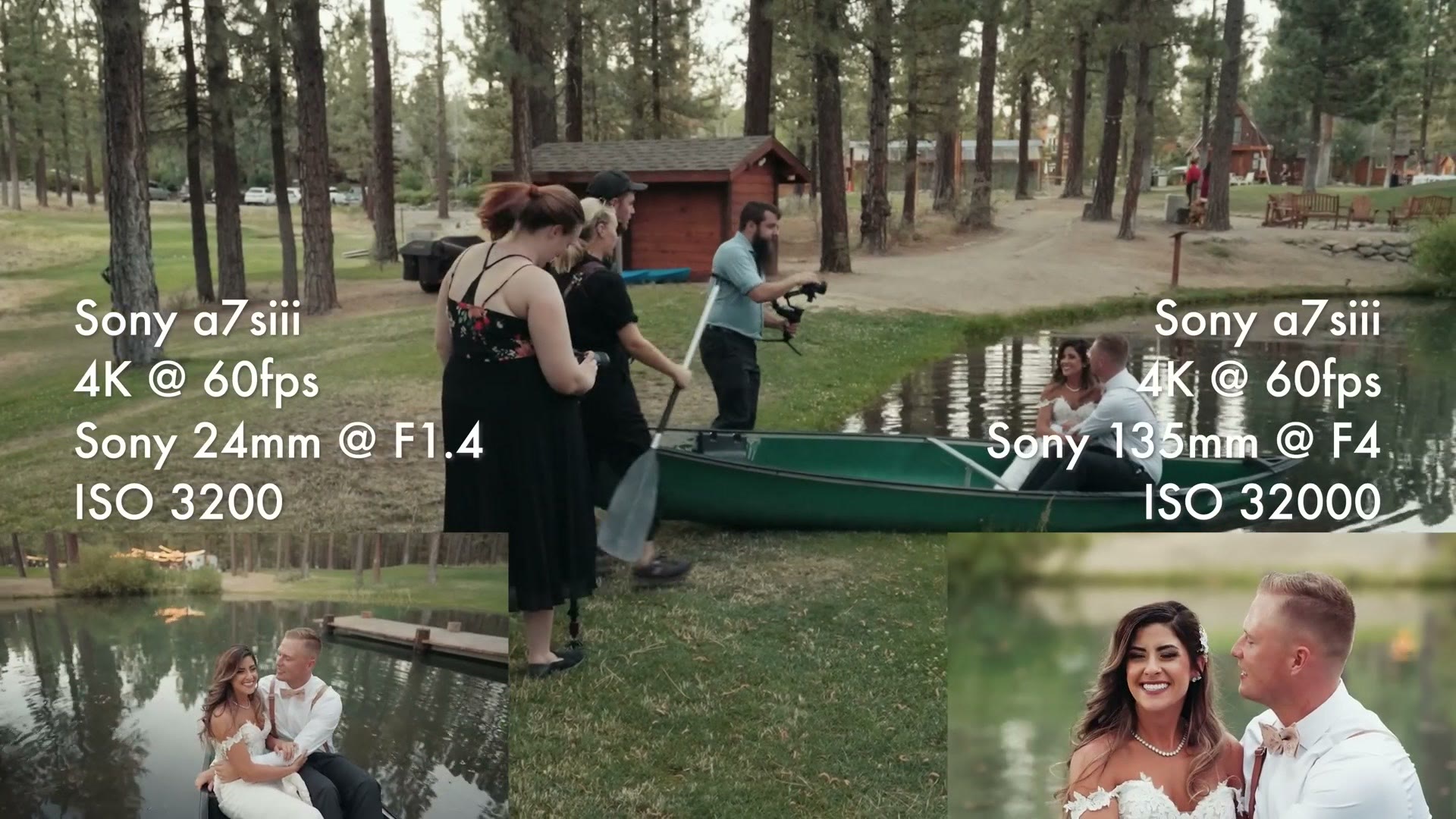 The couple posed in a canoe on a pond at sunset