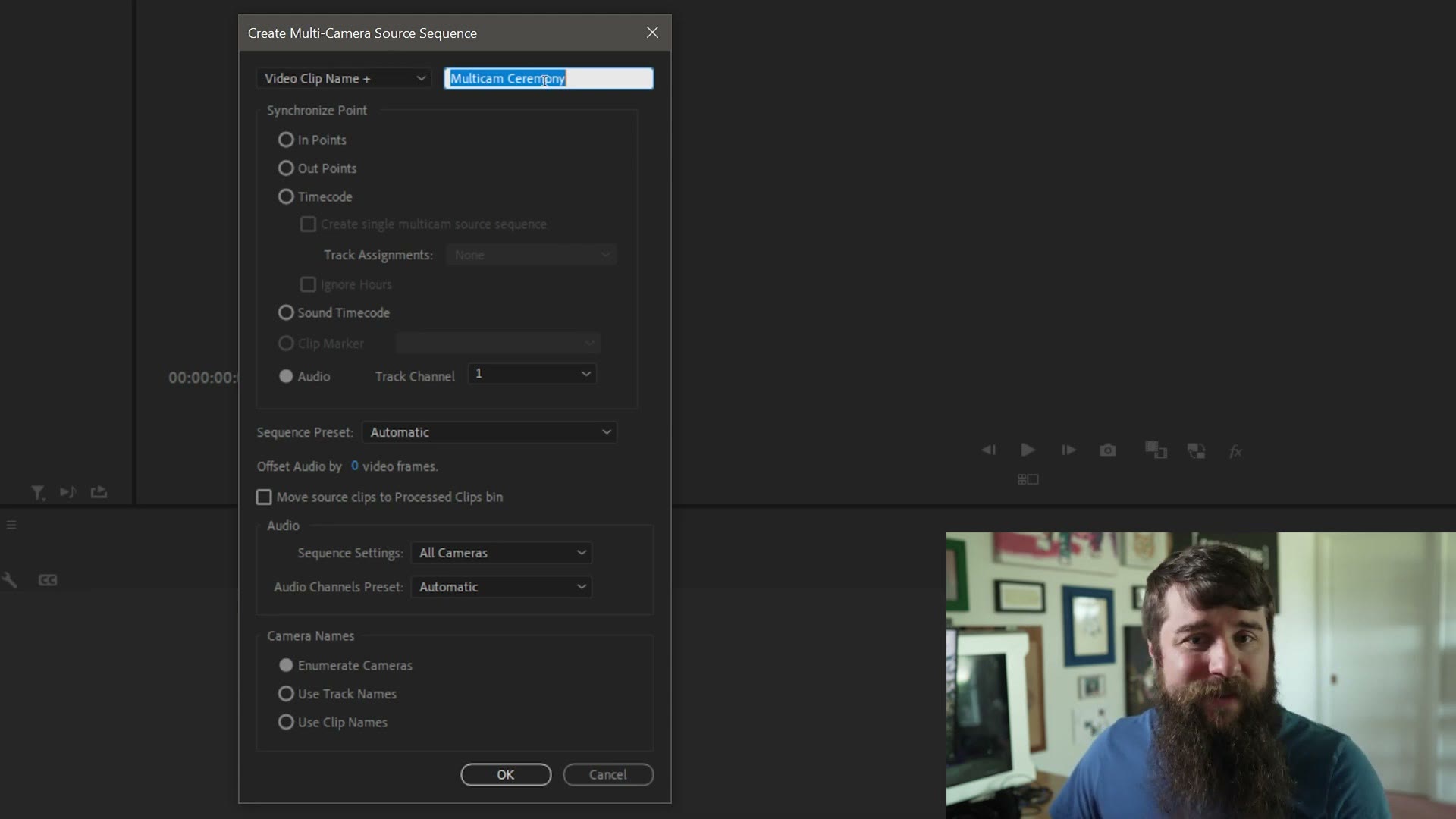 Create Multi-Camera Source Sequence dialog in Premiere Pro