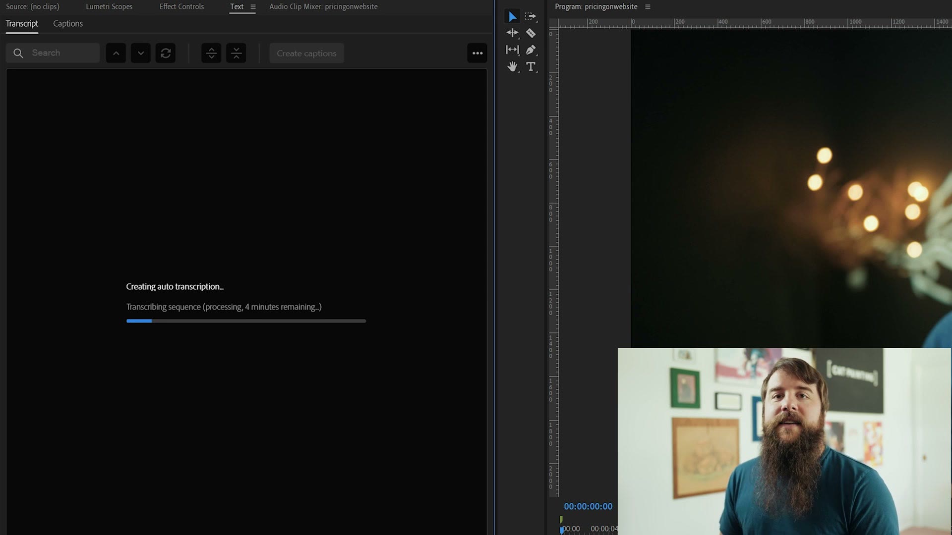 Premiere creating an auto transcription