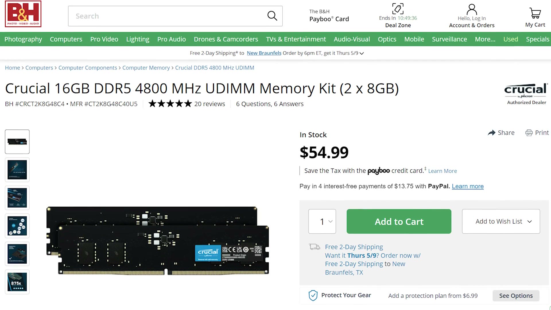 Crucial 16GB DDR5 4800 memory kit listing