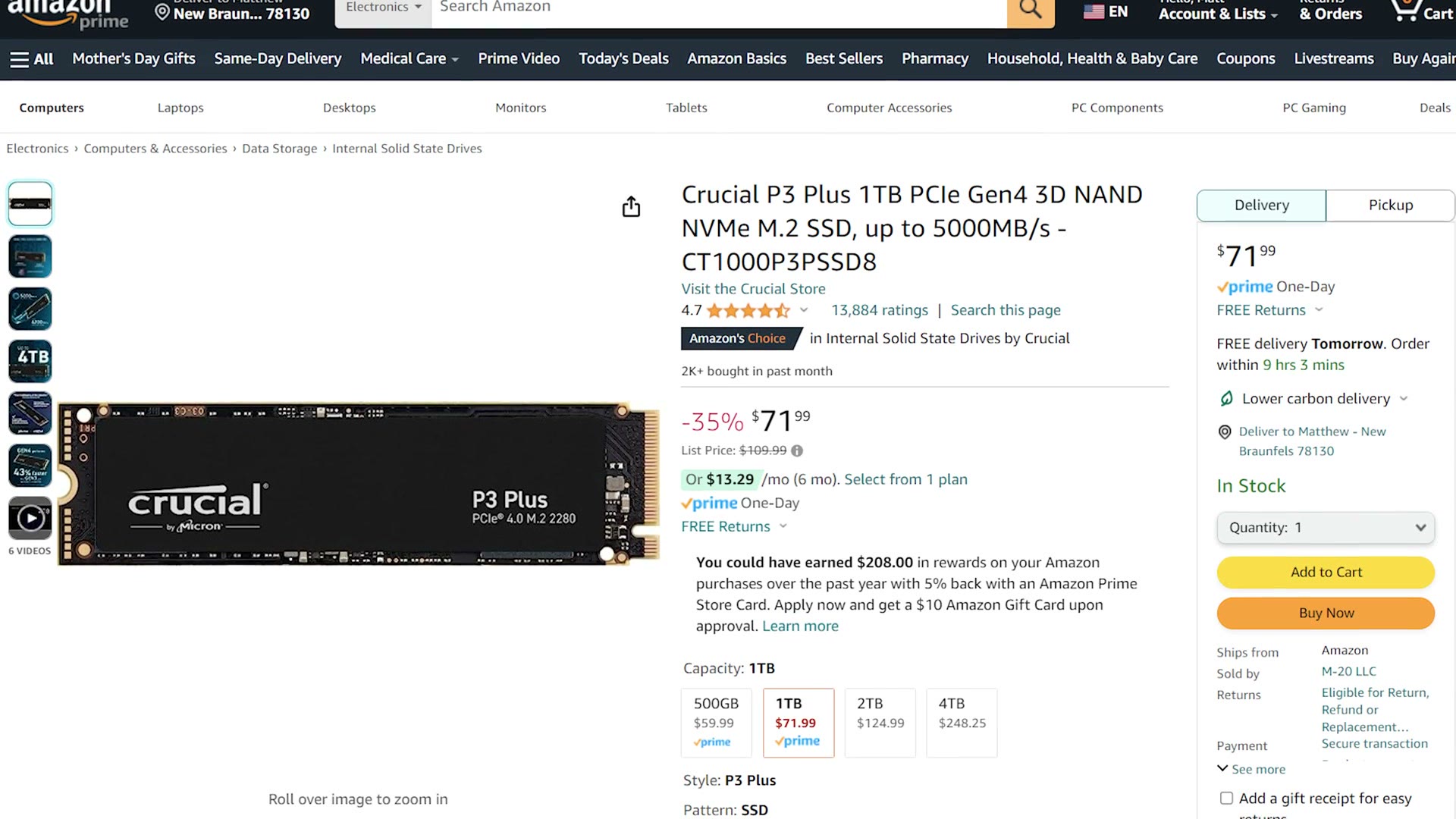 Crucial P3 Plus 1TB M.2 NVMe SSD listing
