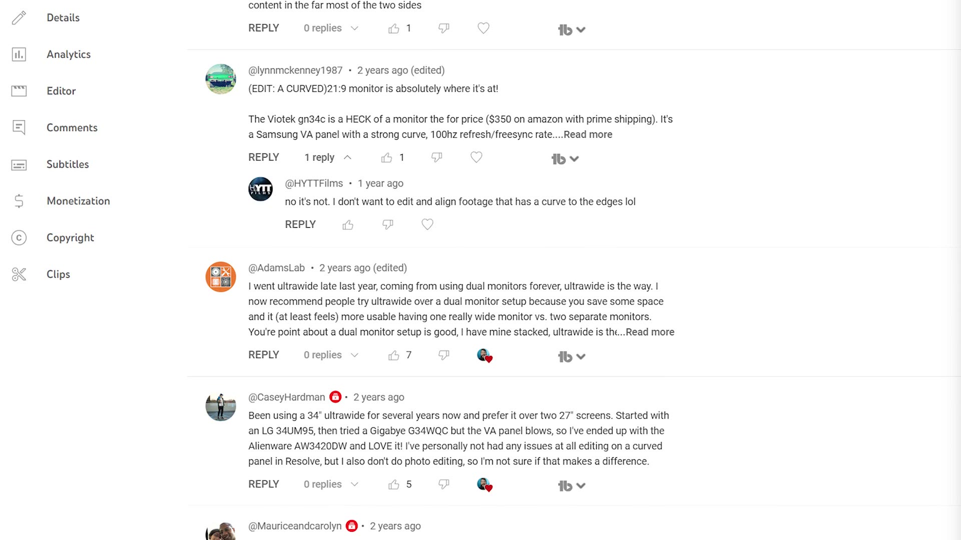 YouTube comments disagreeing about curved ultrawide monitors