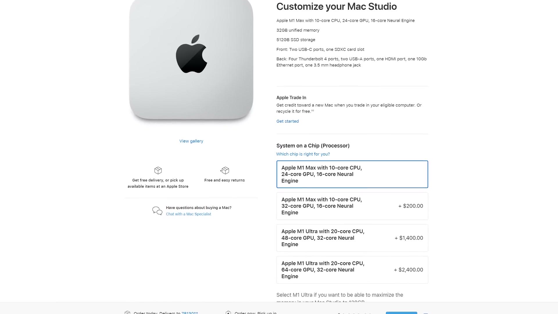 Apple configurator showing Mac Studio chip options