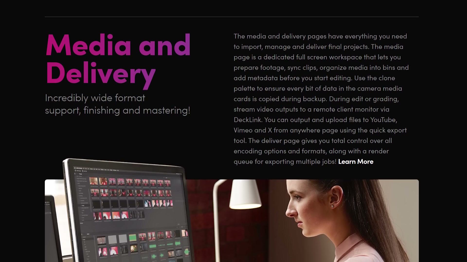 Blackmagic's DaVinci Resolve page advertising incredibly wide format support