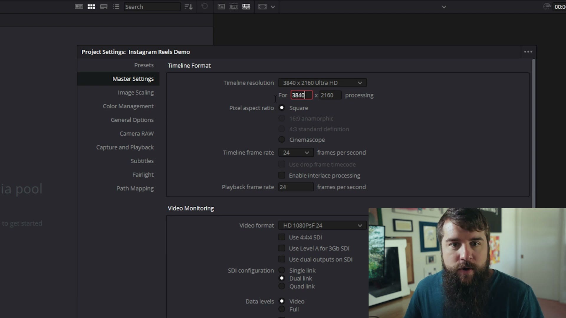 DaVinci Resolve Project Settings with Timeline resolution at the default 3840 x 2160