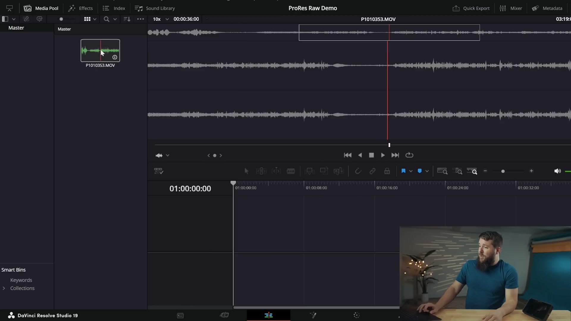 DaVinci Resolve media pool showing a ProRes RAW clip imported as an audio waveform only
