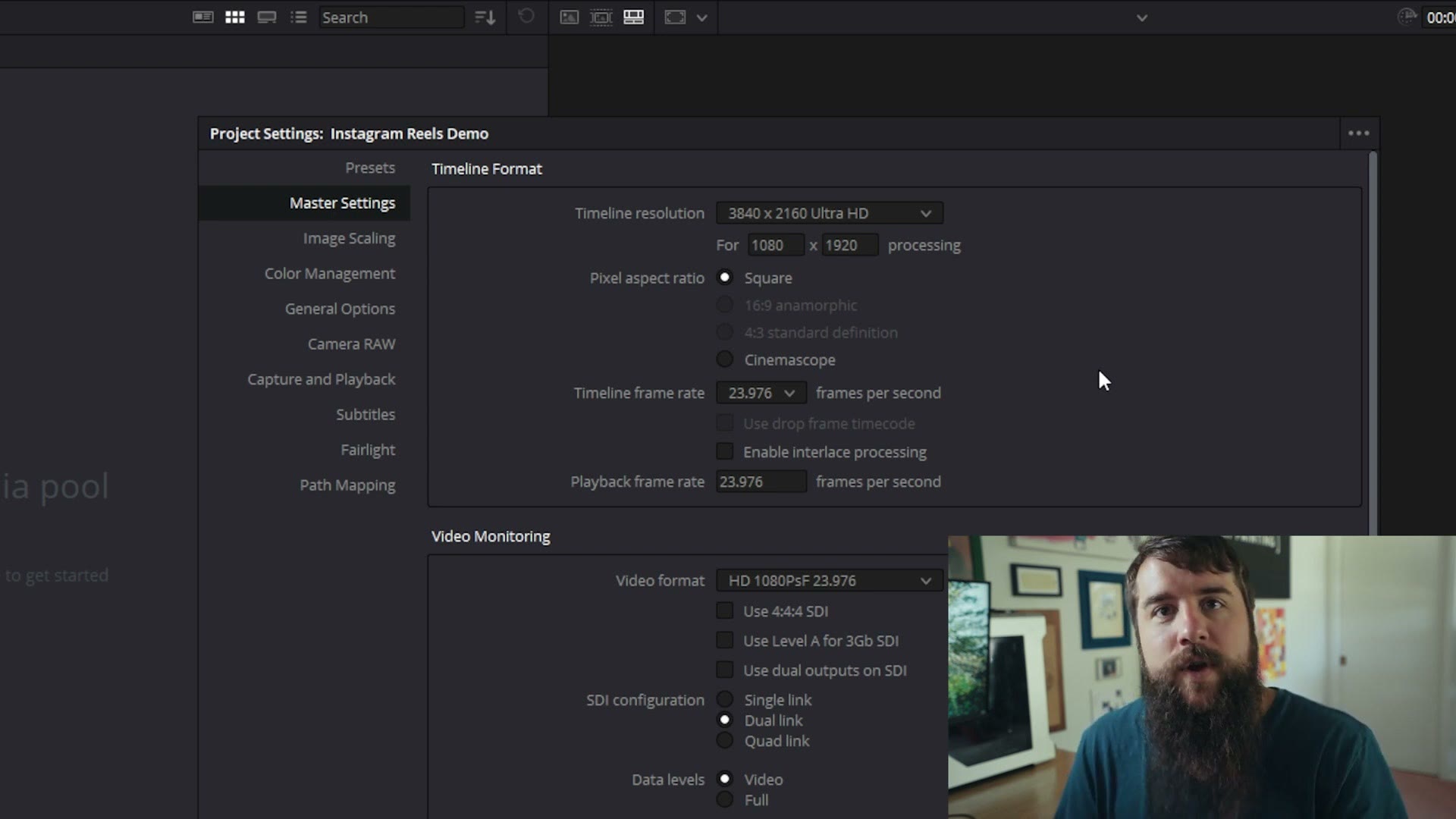 Timeline resolution set to 1080 x 1920 for a vertical Instagram Reel