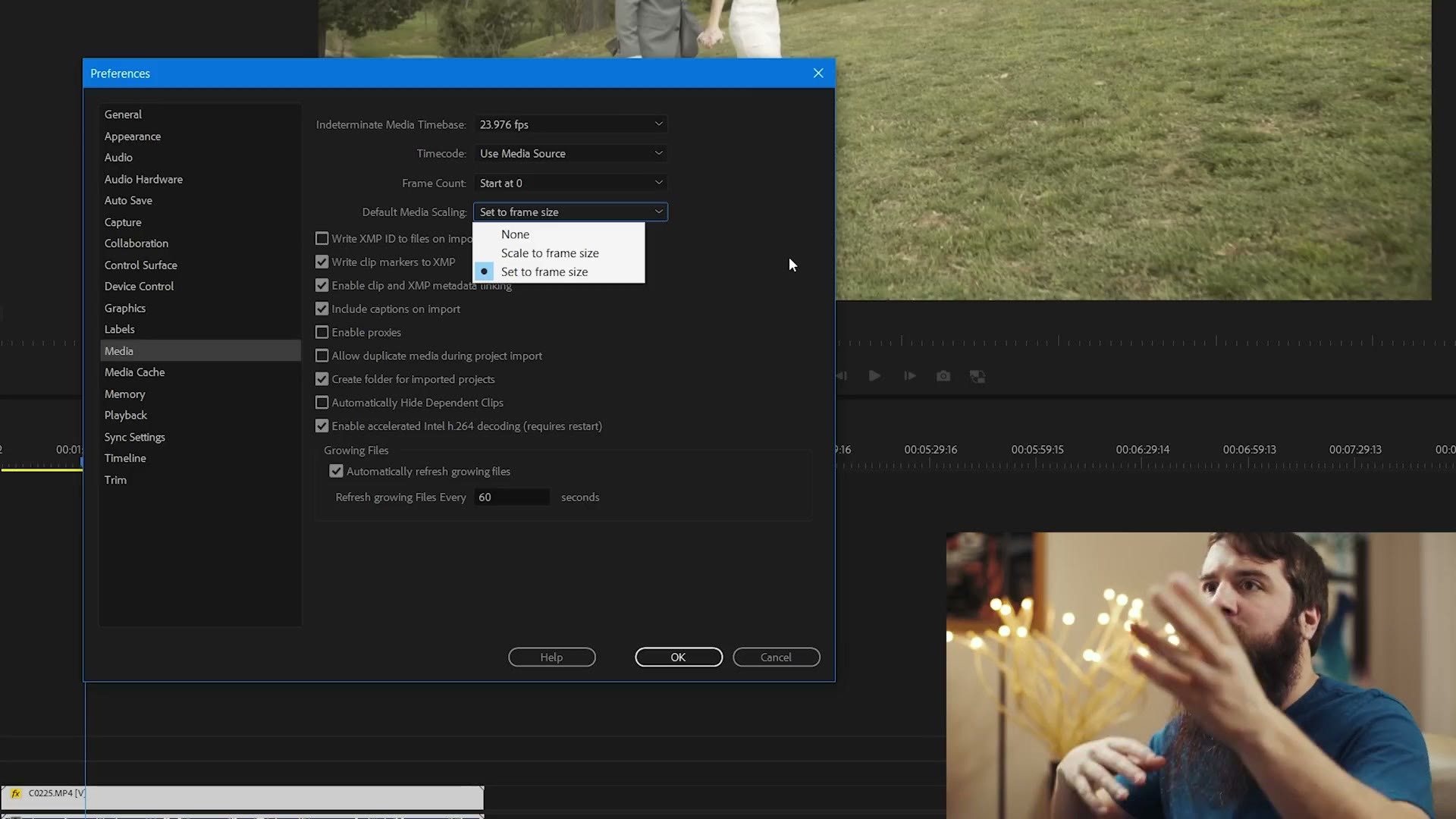 Preferences > Media panel with the Default Media Scaling dropdown open, showing None, Scale to frame size, and Set to frame size