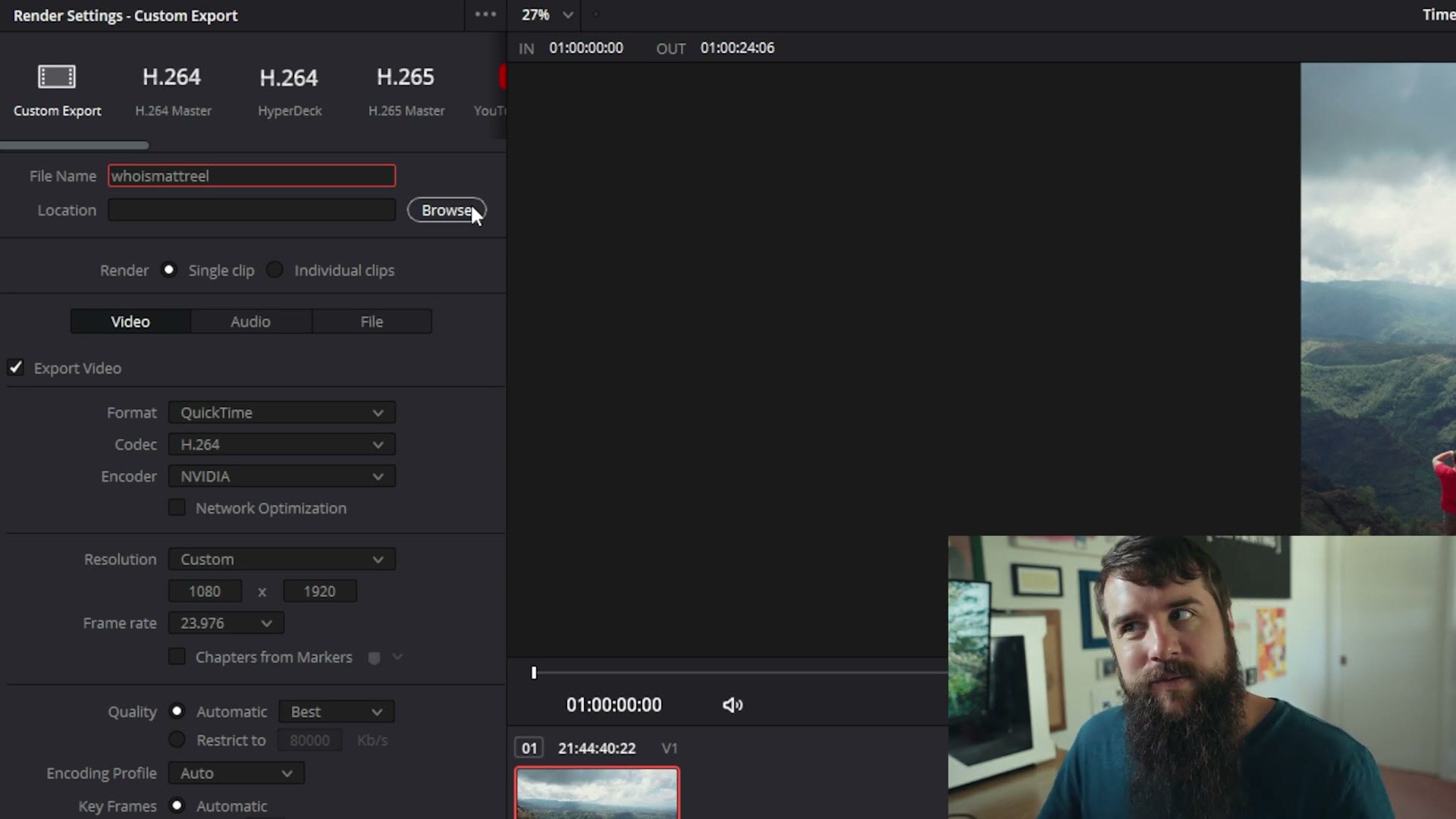 DaVinci Resolve Deliver page render settings showing File Name and Location fields