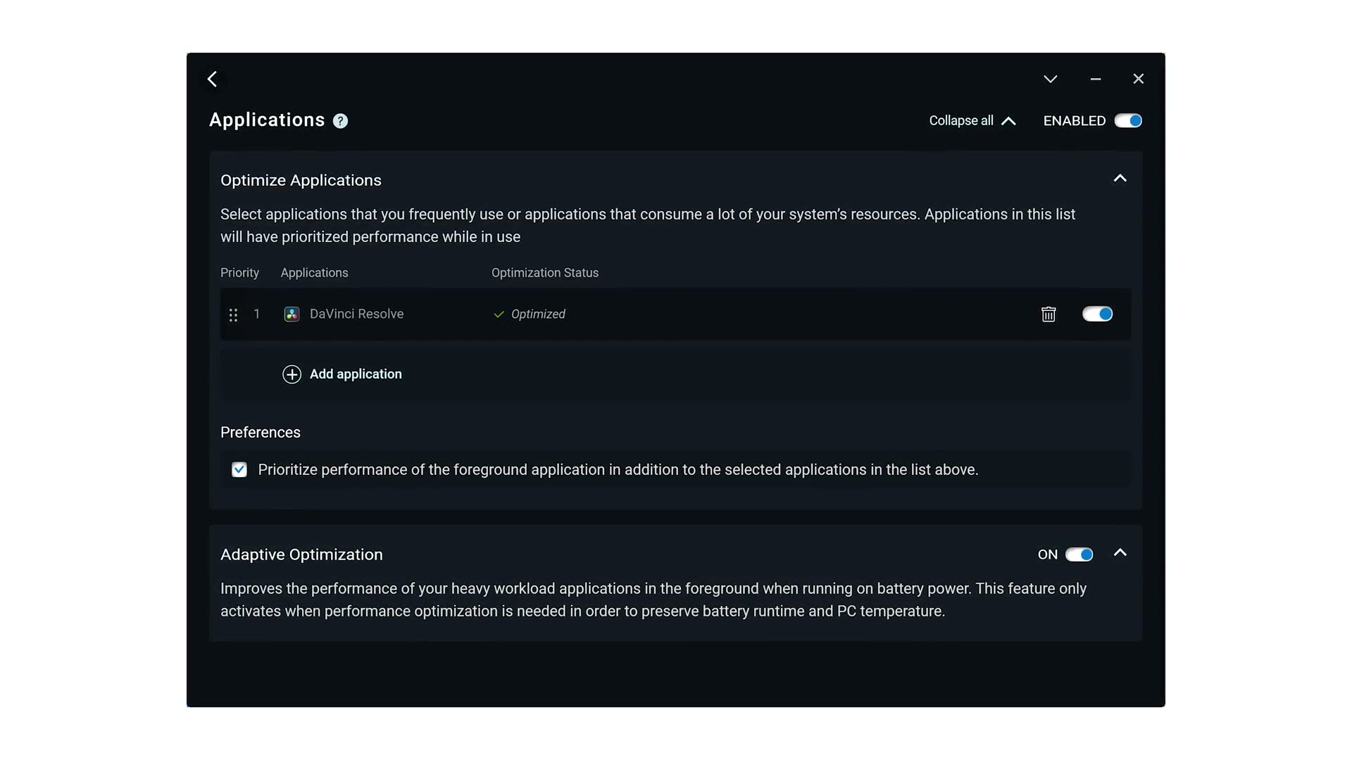 Dell Optimizer application showing the option to prioritize performance of foreground applications on battery