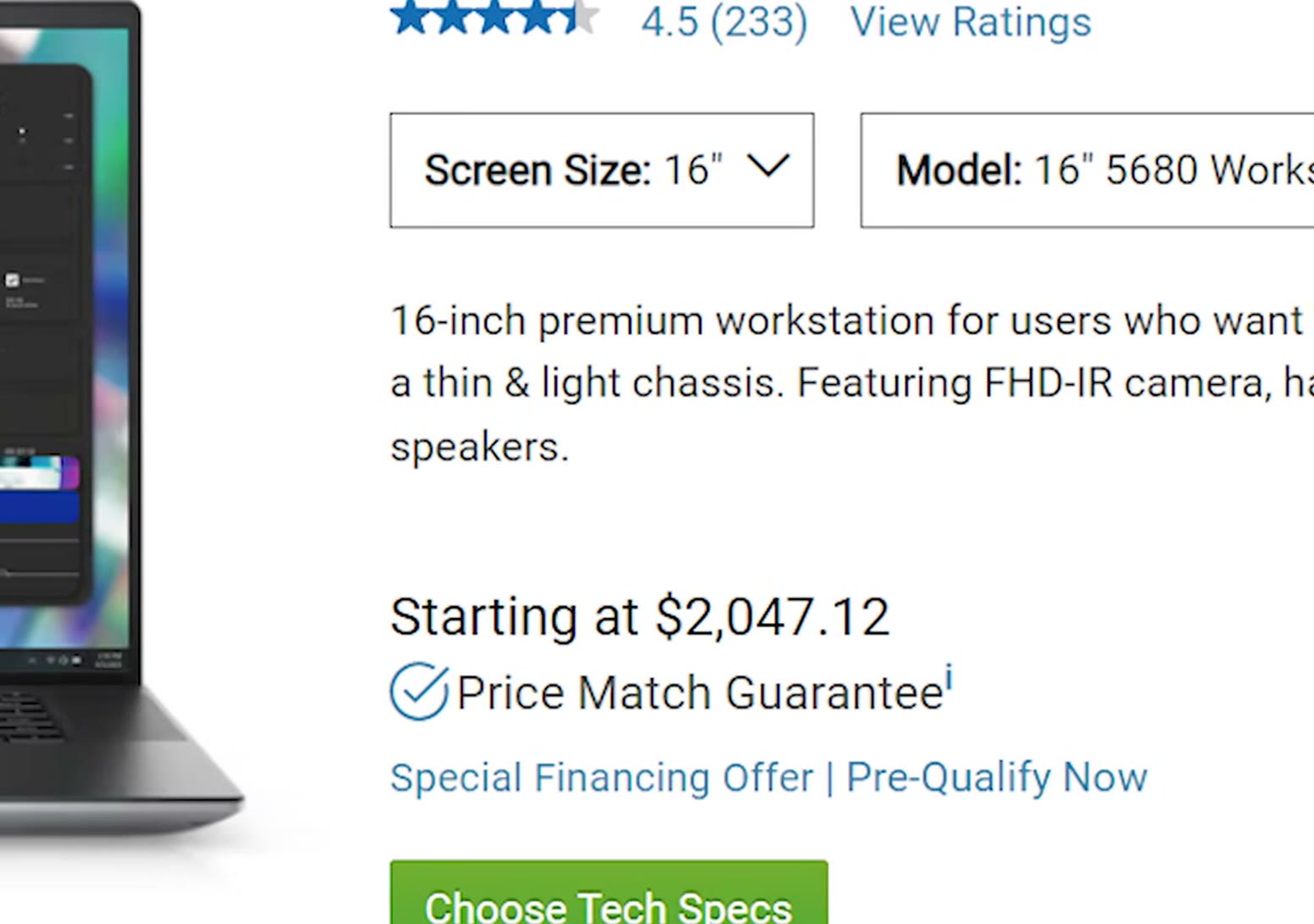 Dell product page for the Precision 5680 Workstation showing the starting price of $2,047.12