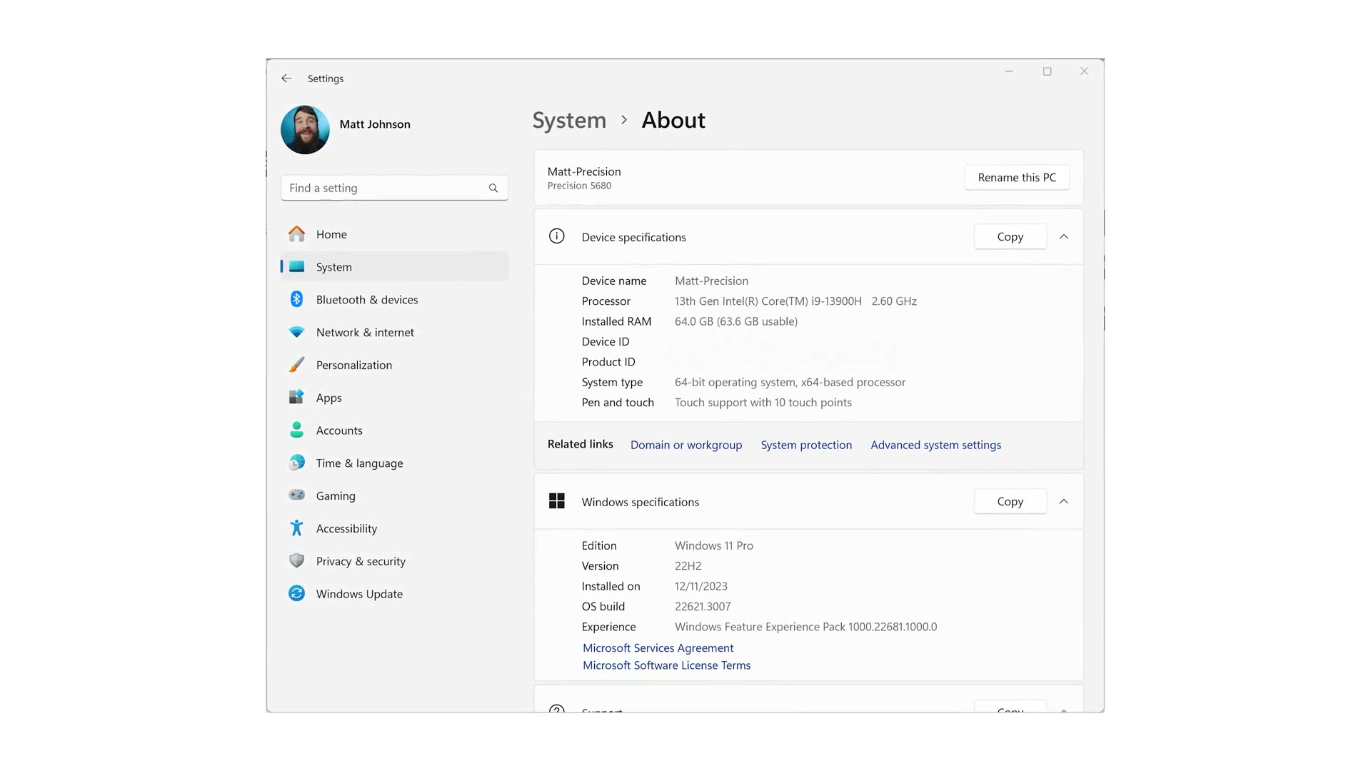 Windows System About page showing an Intel Core i9-13900H and 64 GB of RAM