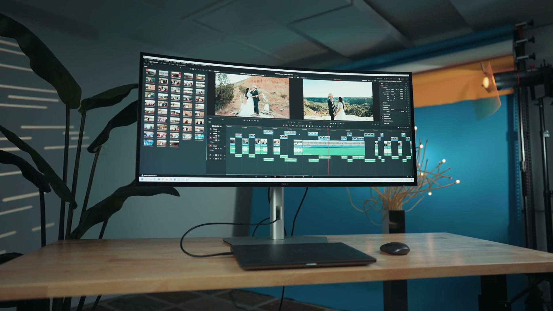 The Dell U4025QW ultrawide monitor set up on a desk running DaVinci Resolve