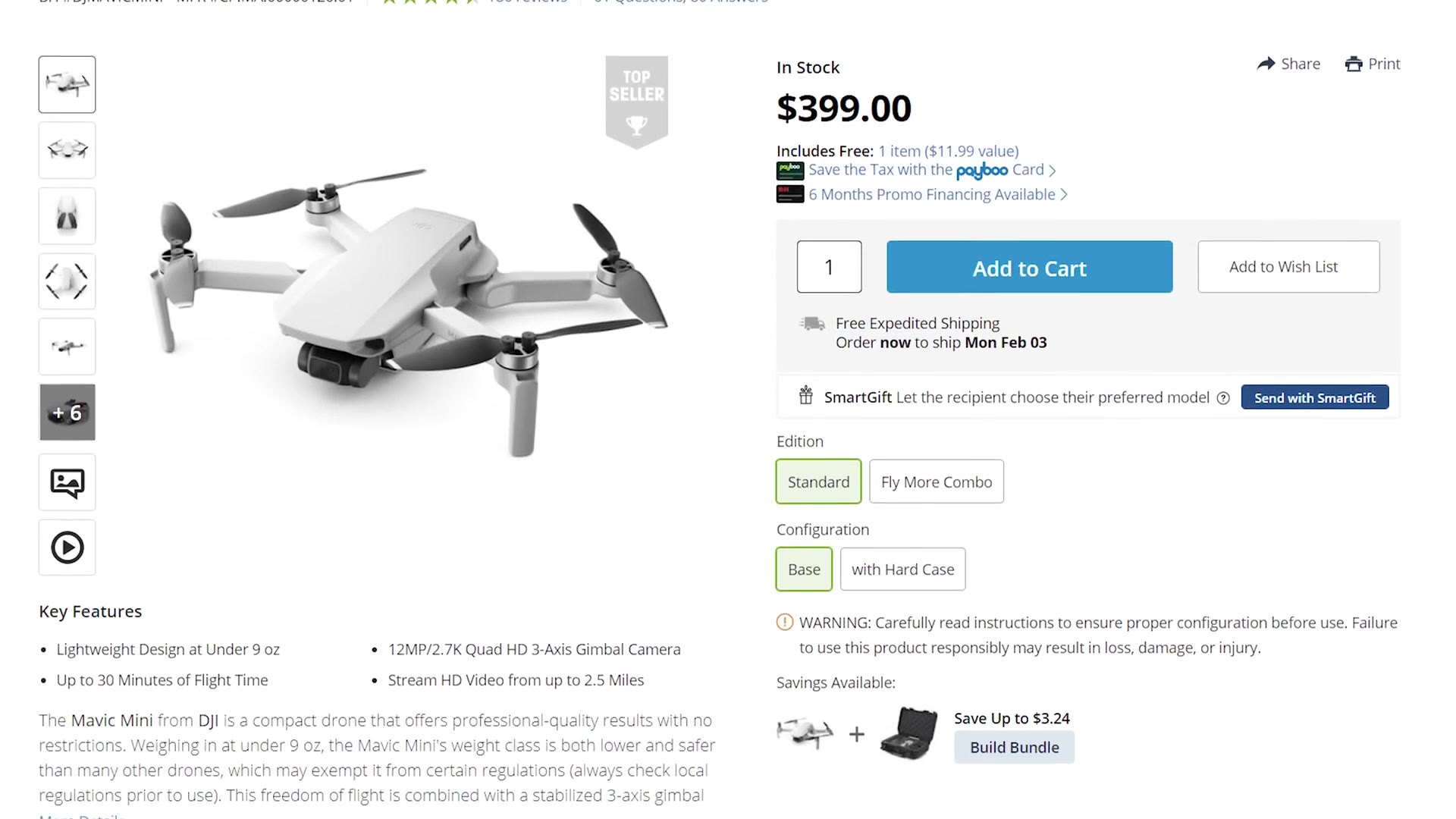 B&H product page for the DJI Mavic Mini drone, in stock at $399 with Add to Cart button