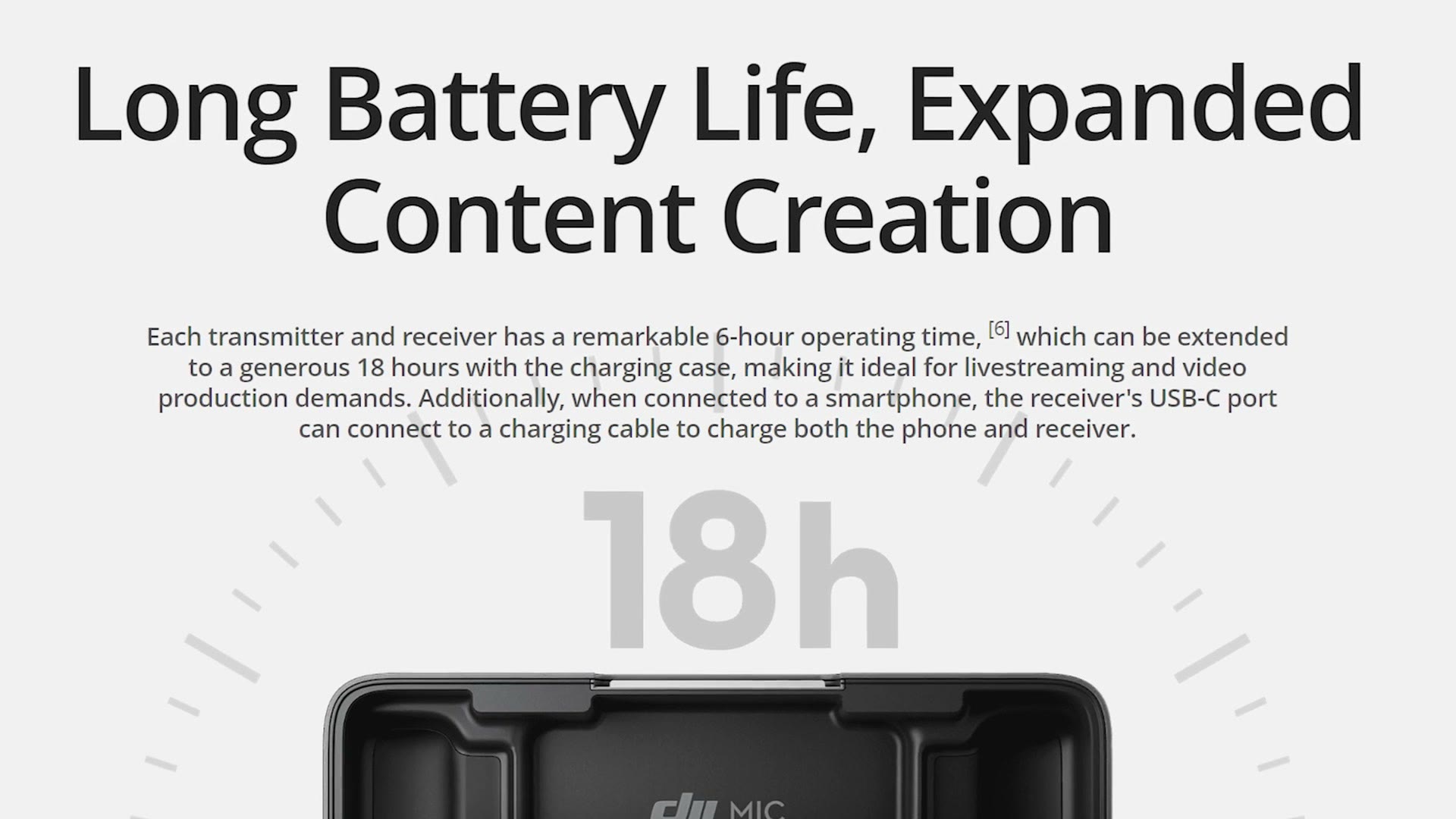 DJI page fine print stating each transmitter has a 6-hour operating time extended to 18 with the case